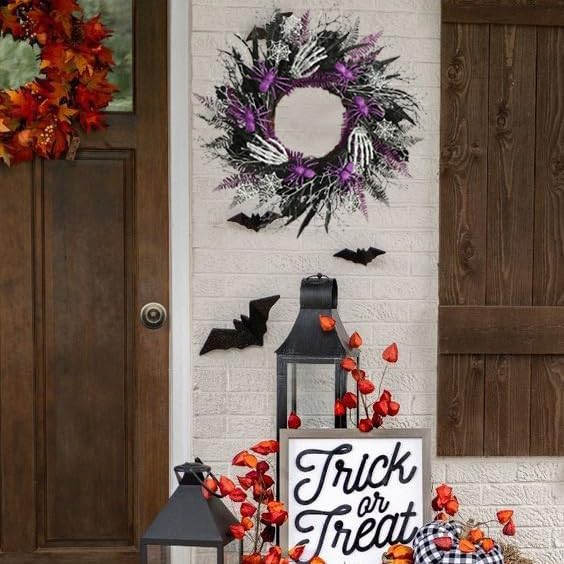 Halloween Decorations, Halloween Wreaths for Front Door 20", Purple Spiders Silver Skeleton Hands Black Leaves Halloween Decor for Doors Porch Wall, Gothic Party Horror Room Decor
