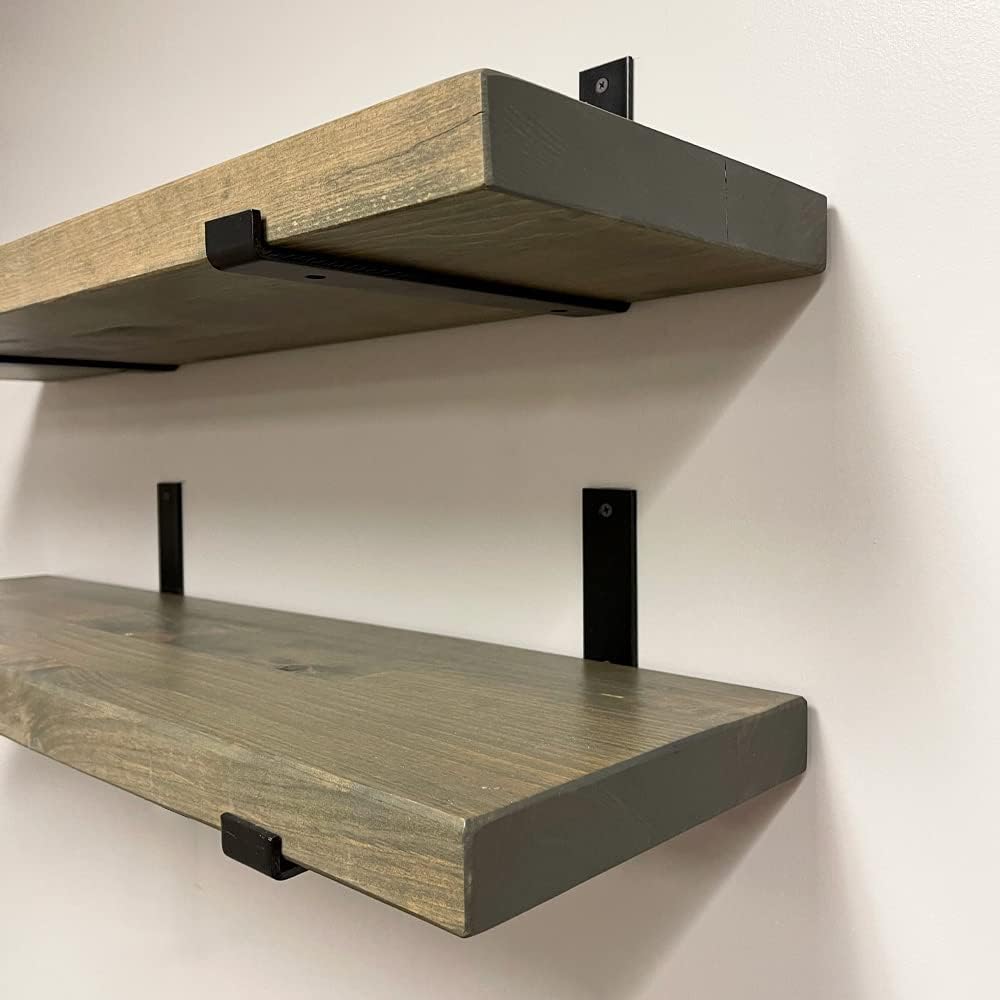 Rustic Shelves with J-Brackets Set of 2, Industrial Shelf, Kitchen Shelves, Solid Wood, Decorative Wall Storage, Heavy Duty, URBANDI (Grey, 24Wx10D)