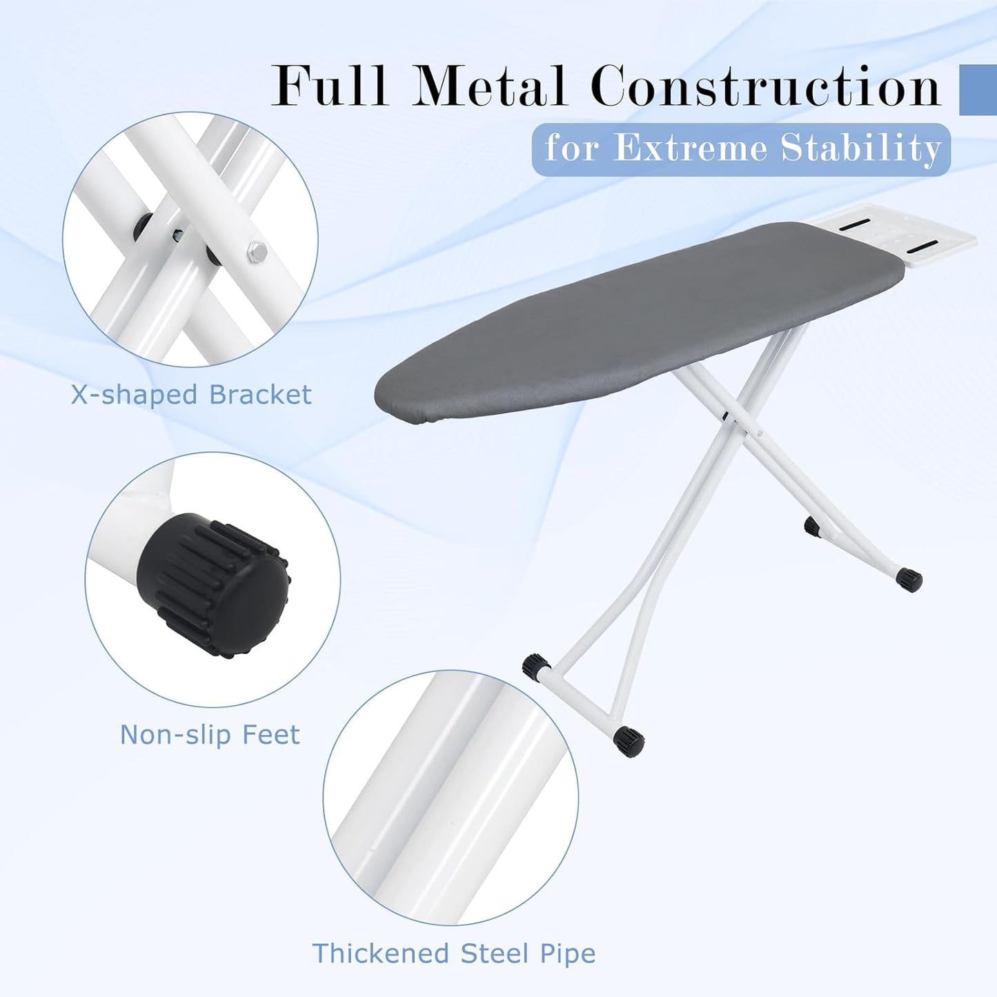 Ironing Board 48" X 13" with Safety Iron Rest Height Adjustable Iron Table Features Reinforced Steel Legs, Heat Resistant Cover, Grey