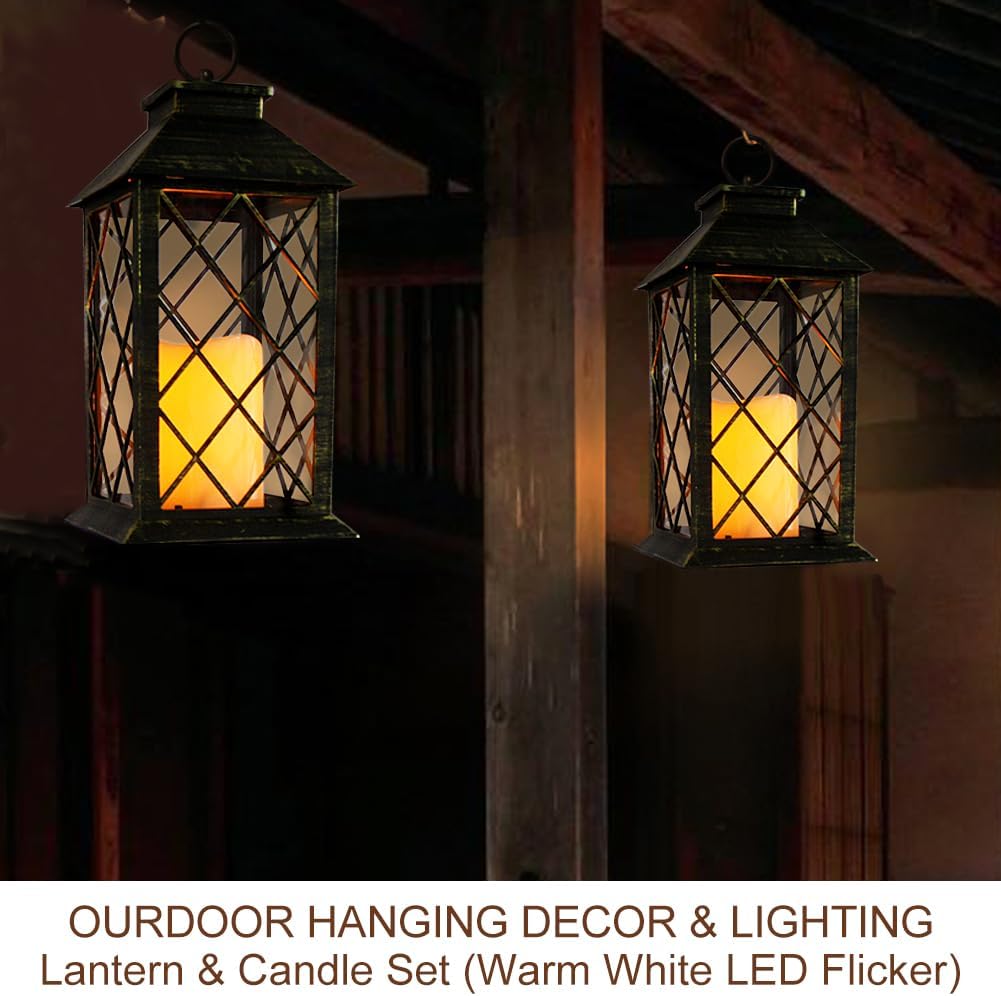 Bright Zeal 2-Pack 13.5" Vintage Candle Lantern with LED Candle (Distressed Gold, 6hr Timer) - IP44 Waterproof Outdoor Hanging Lanterns Battery Powered - Tabletop Lantern Decorative Home Lanterns