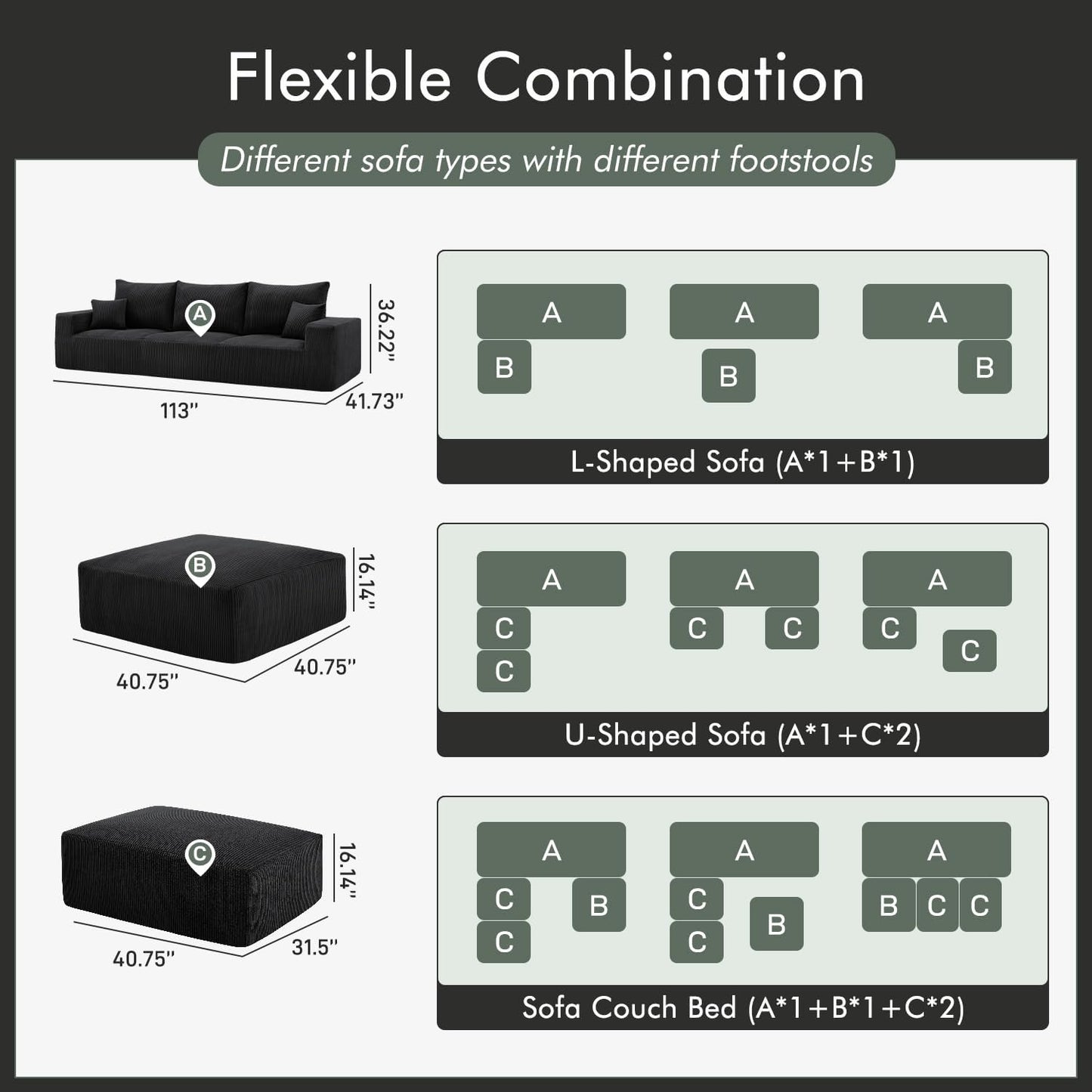 Boneless Sectional Cloud Couch Sofa for Living Room, 112" U-Shaped Modular Modern Lounge Sleeper Black Couches with Chaise, No Assemble, Cordury Compression Upholstered Sofas