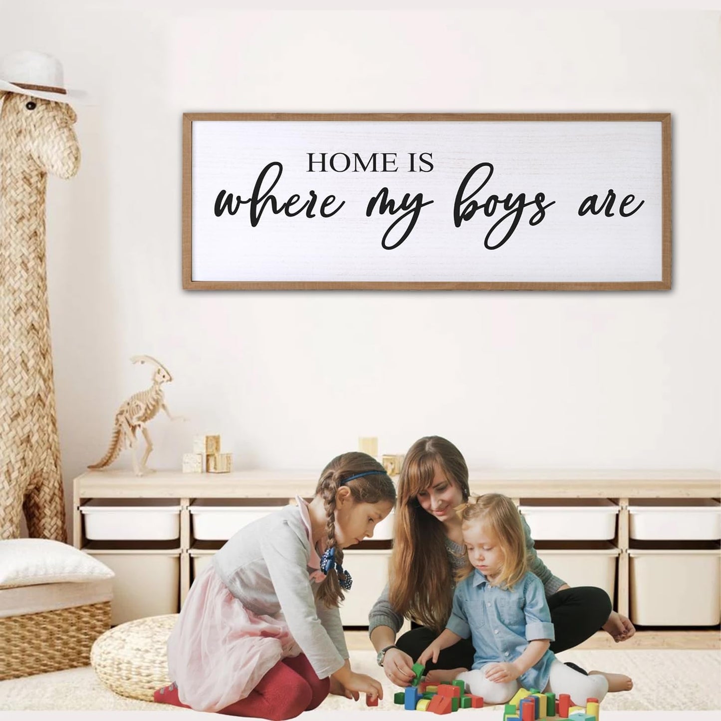 Home is Where My Boys are Sign Framed Wall Art, 32''×12'' Rustic Horizontal My Son Plaque with Natural Frame for Baby Kid Boy Son Teen Toddlers Room, Horizontal Mom of Boys Gifts Nursery Decor