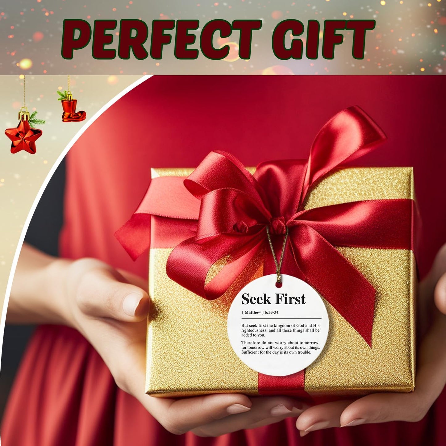 Christian Ornaments, Matthew 6:33-34 Seek First Christian Bible Verses Ceramic Ornament Keepsake Sign Plaque, Christian Religious Ornaments