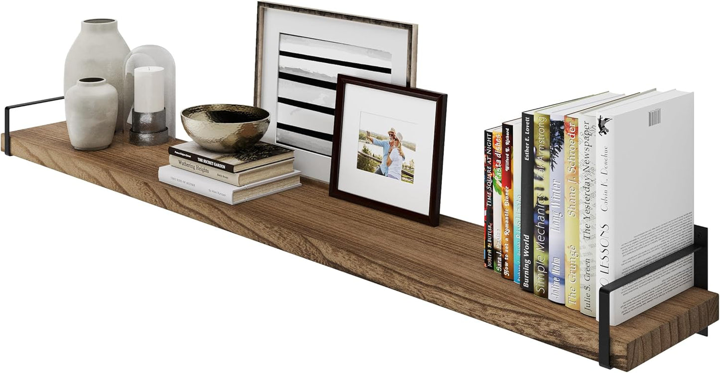 Wallniture Toledo 60 inch Floating Shelf with Heavy Duty Bookend Brackets, Wooden Shelves for Wall, 1pc, Burnt Finish