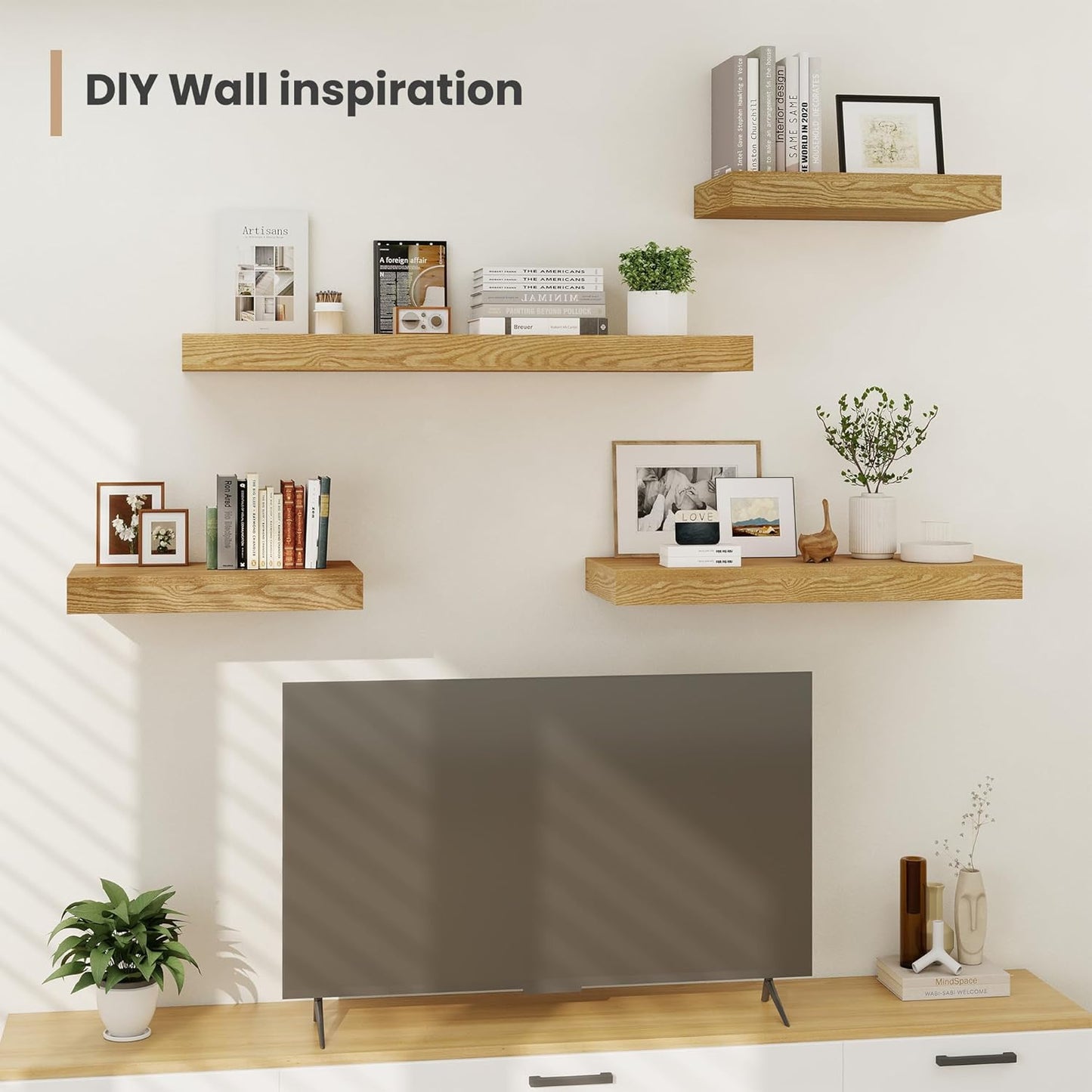 Heimlove 12" Deep Floating Shelves, 36 x 12 Inch Wall Mounted Long Floating Shelf with Invisible Brackets, for Home Decor, Bedroom, Kitchen, Living Room, Bathroom - 2 Pack, Oak