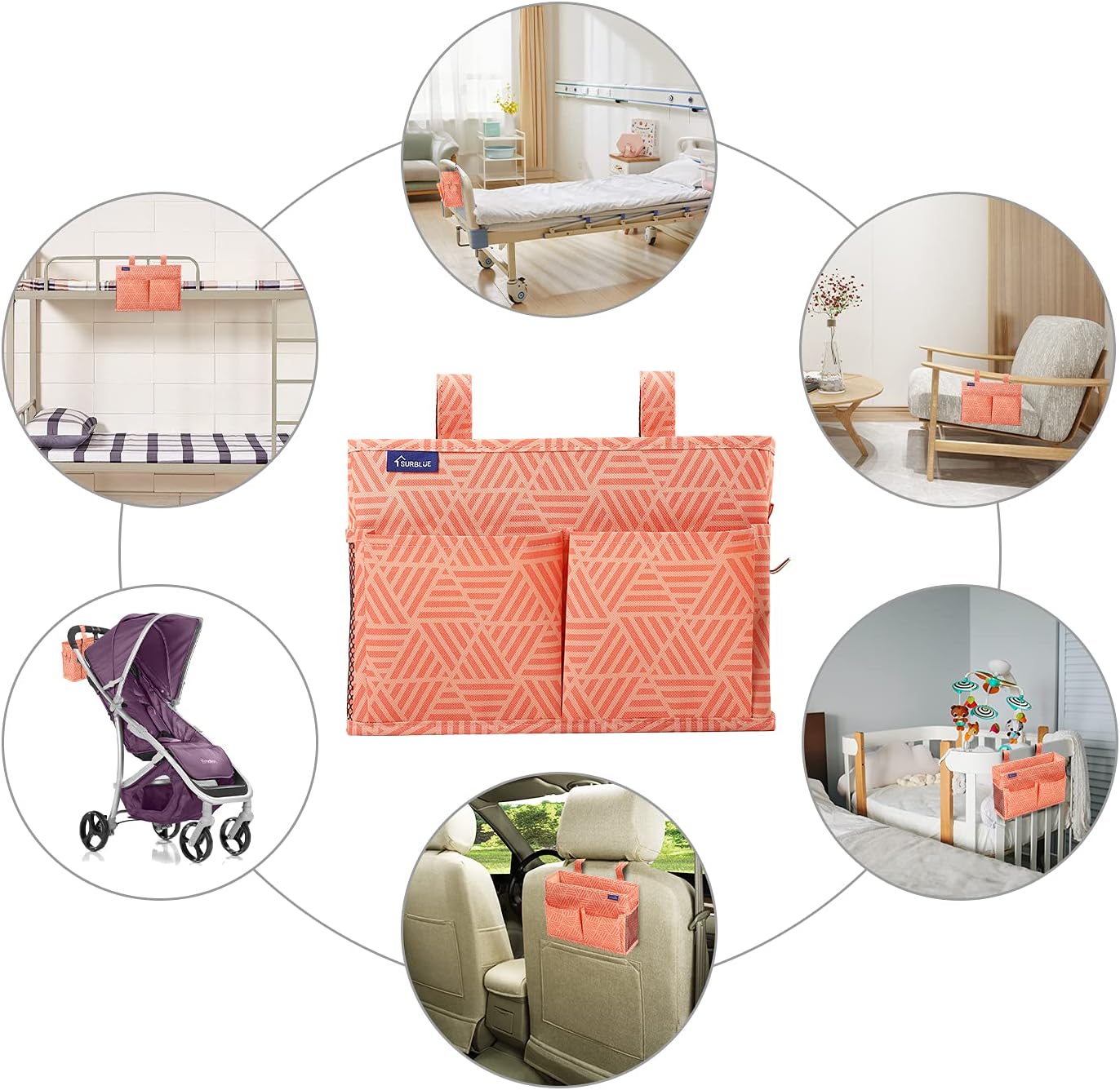 Surblue Bedside Caddy Hanging Bed Organizer Storage Bag Pocket for Bunk and Hospital Beds, College Dorm Rooms Baby Bed Rails,Camp Chiars,Wheelchair Side Bag,4 Pockets and 2 Hooks (Orange Plaid)