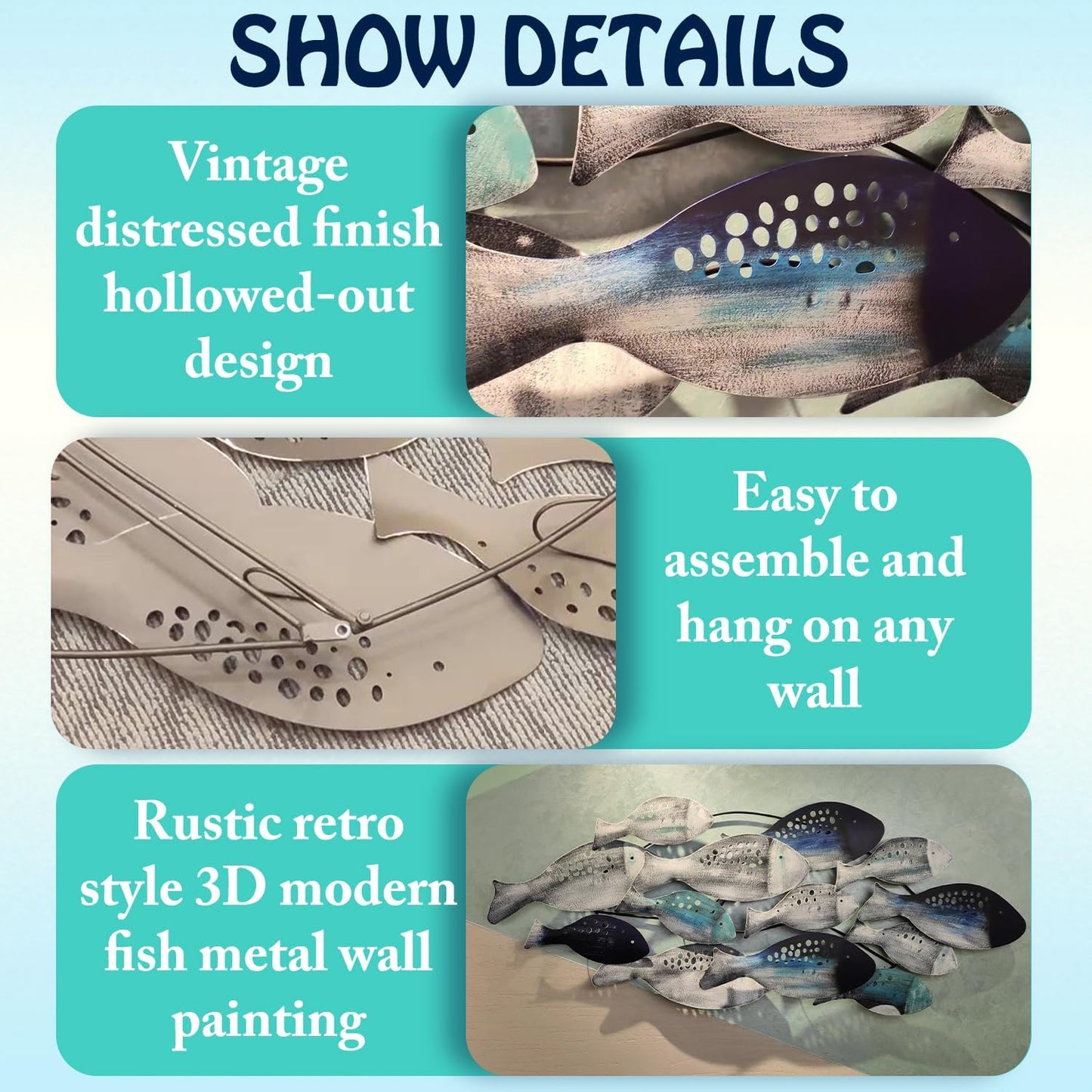 edaknez Coastal Metal Fish Wall Decor, Large Nautical Wall Art, School of Fish Wall Sculpture, for Living Room, Bedroom Beach or Ocean Decor (C 50 inch x 21 inch)