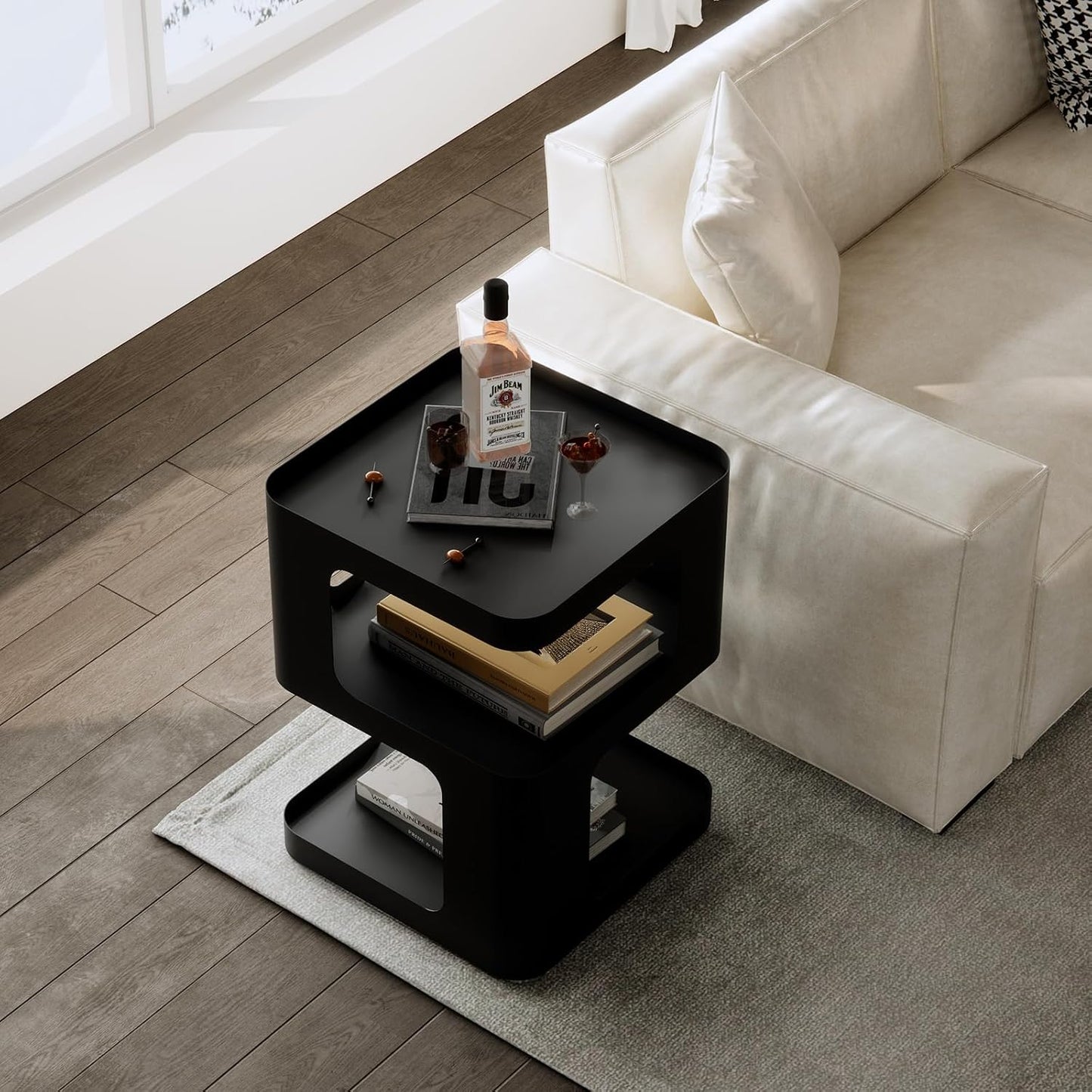 Side Table,Modern end Table,Unique nightstand,Bedside Table,Black Metal Night Stand with Storage,Accent Side Table for Couch,Bedroom,Living Room.No Assembly Required