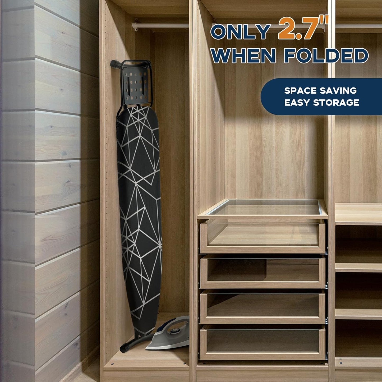 Ironing Board 43x13, Compact Iron Board Full Size with Heavy Duty Iron Rest, Thick Padded Cover, Adjustable Height, Sturdy Lightweight Steel Legs, Black