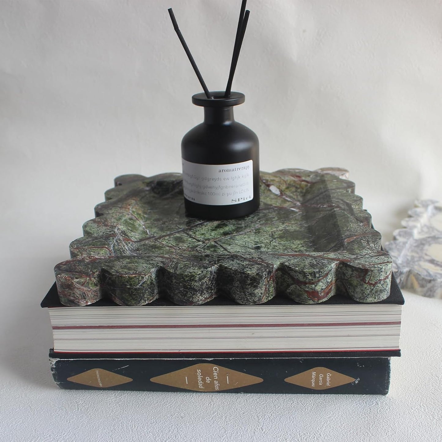 Natural Luxury Marble Tray with Scalloped Edge, Handmade Square Decorative Tray, Catch All Tray for Counter, Dresser, Nightstand and Home Décor (Rain Forest Green)