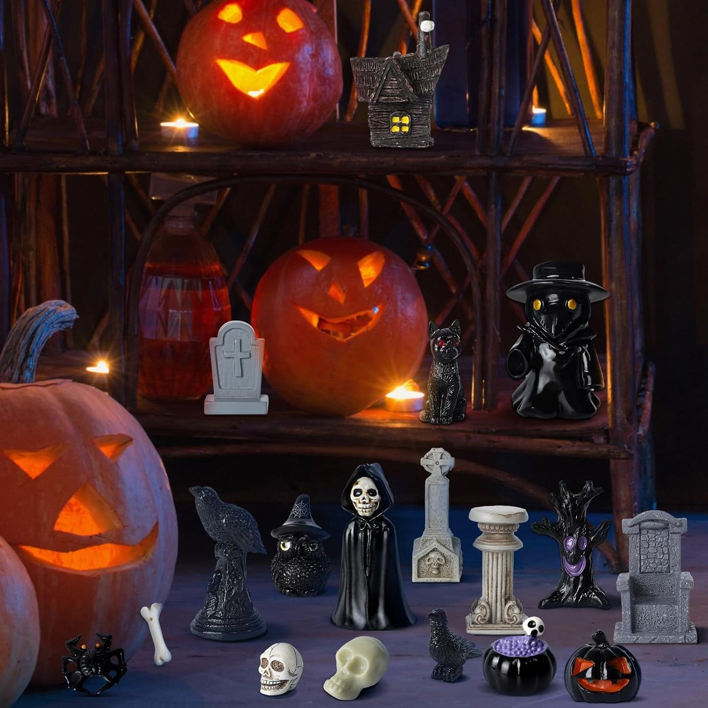 40Pcs Halloween Miniatures for Crafts Mini Figurines Skull Heads Resin Tombstones Skeleton Ornaments Halloween Fairy Garden Decor Horror Village Collections Dollhouse Accessories Decor 