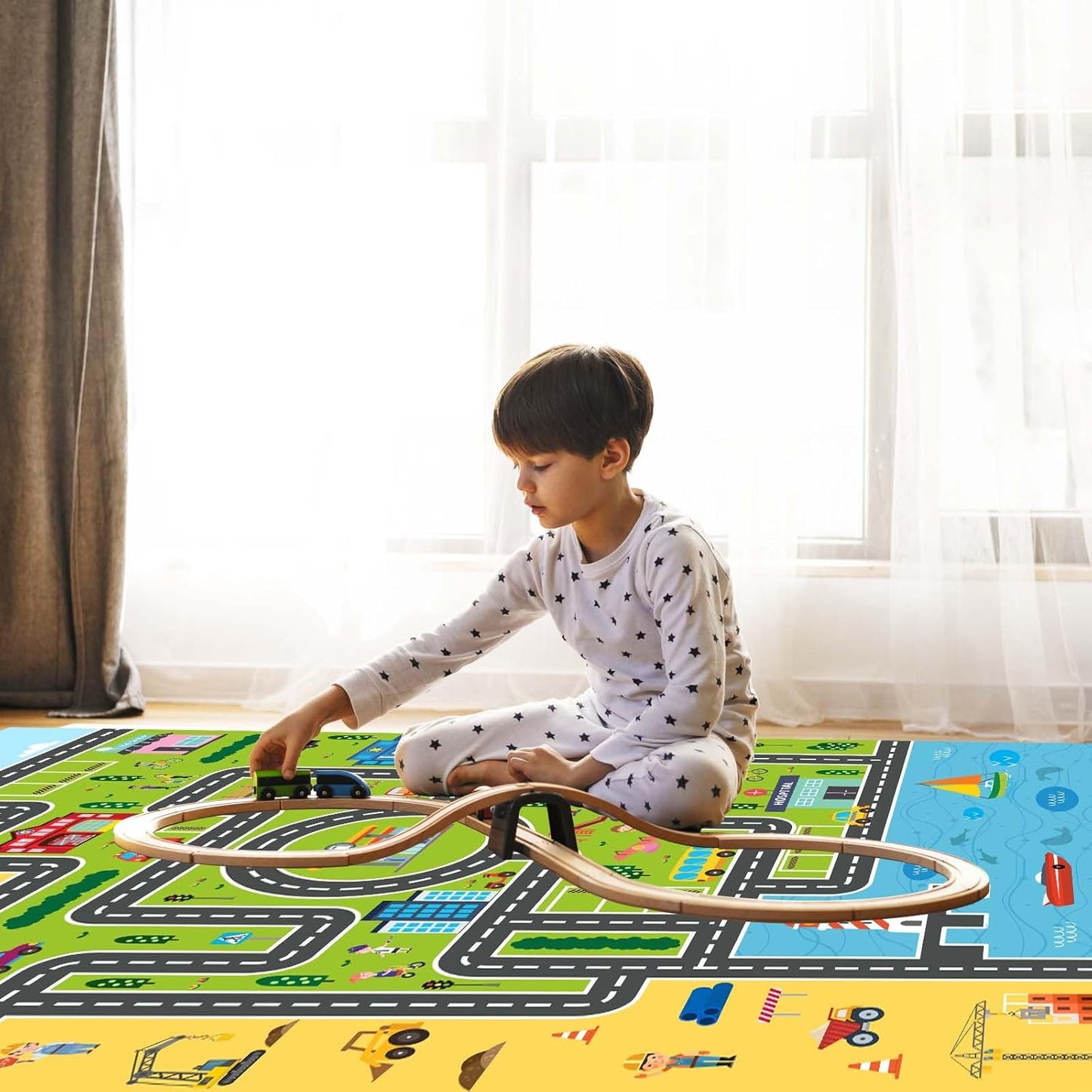 Kids Rug Playroom Car Rug Play Mat City Life Road Rugs Fun City Map for Kids Toy Cars,Carpet for Bedroom Boys (Green-Rug, 2.6x3.9ft)