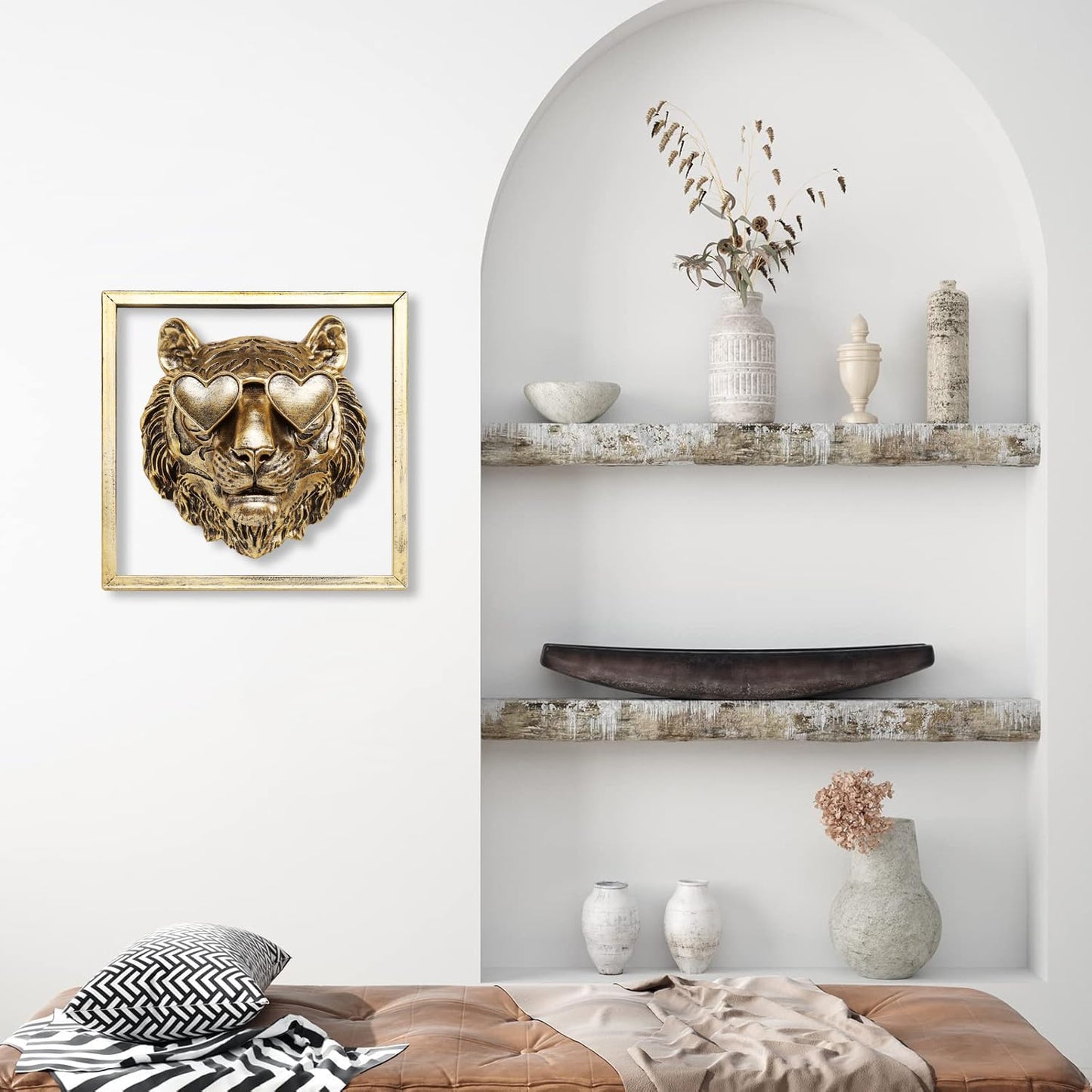 Animal Heads Wall Decor (Includes Metal Frame) Resin Animals Sculptures Head Wall Hanging Decoration Gold vintage Wall Sculpture for Living Room Bedroom Office(Tiger)