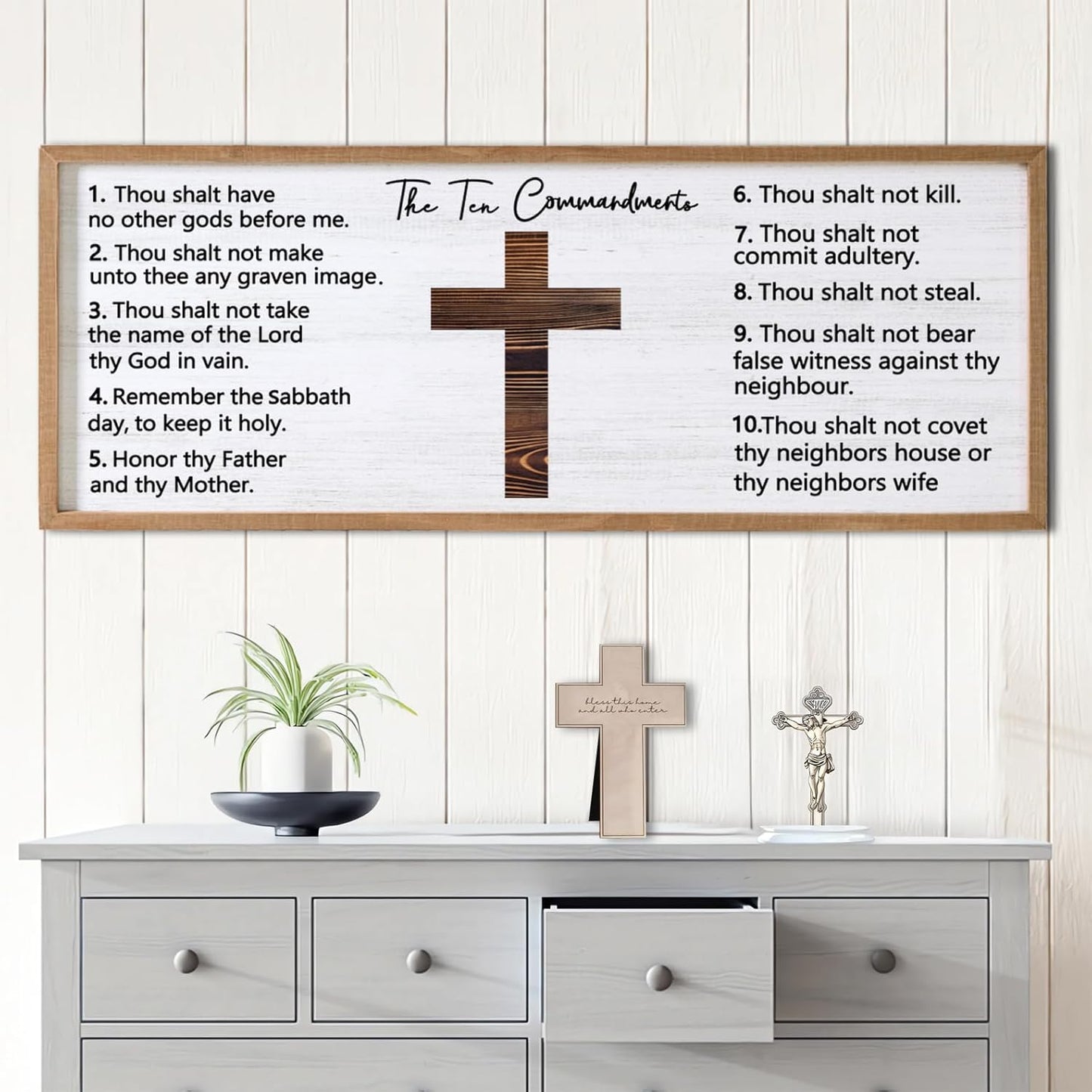 Ten Commandments Rustic Bible Verse Framed Wall Art 40" x 15" Natural Religious Christian Slogan Representing God Jesus Christ Prayer Vintage Holy Inspirational Catholic Scripture Decor