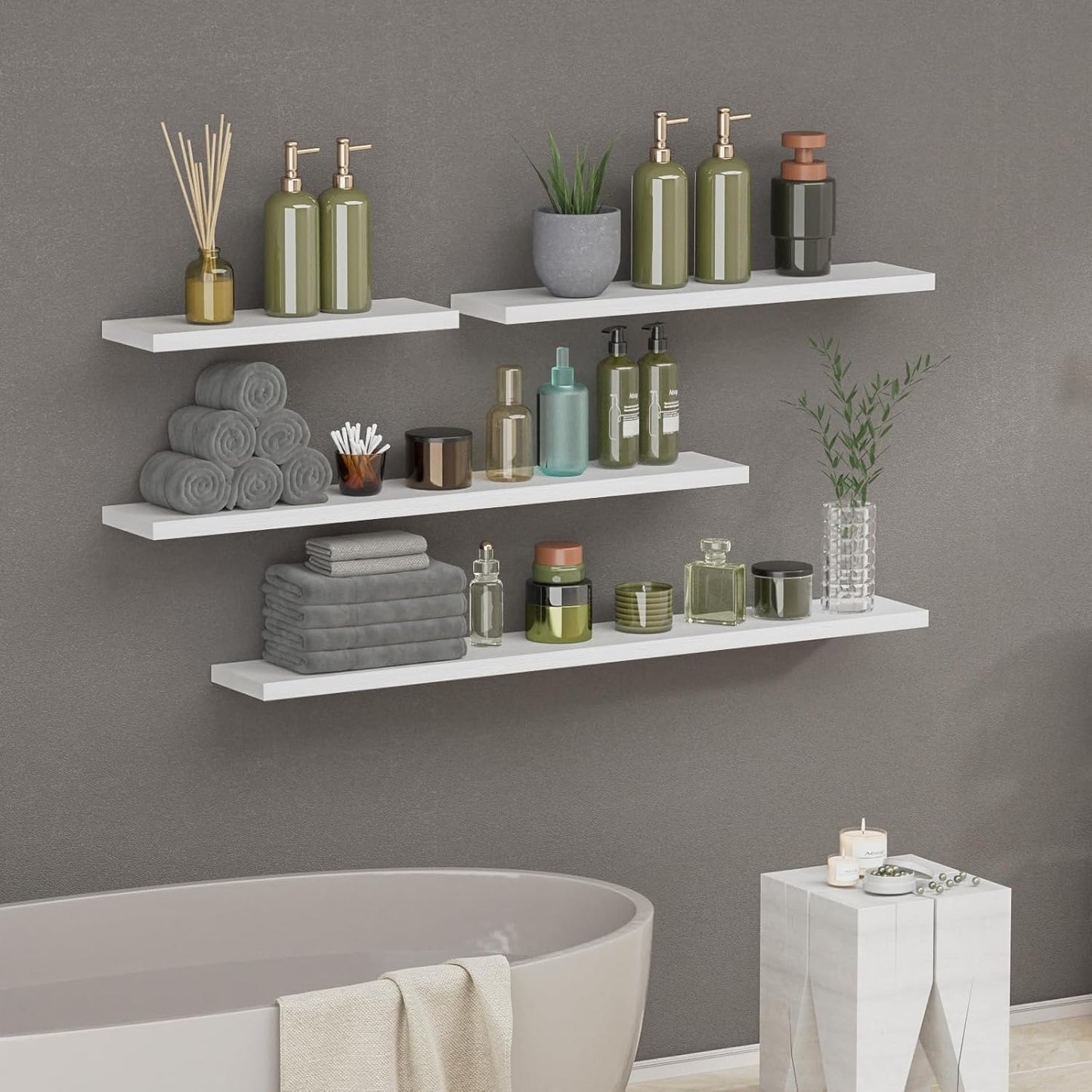 SAUMONIERES Floating Shelves 8 Inch Deep Solid Wood Wide Wall Shelf Set of 1 Wall Mounted for Bedroom Bathroom Living Room Kitchen, 48 Inch White