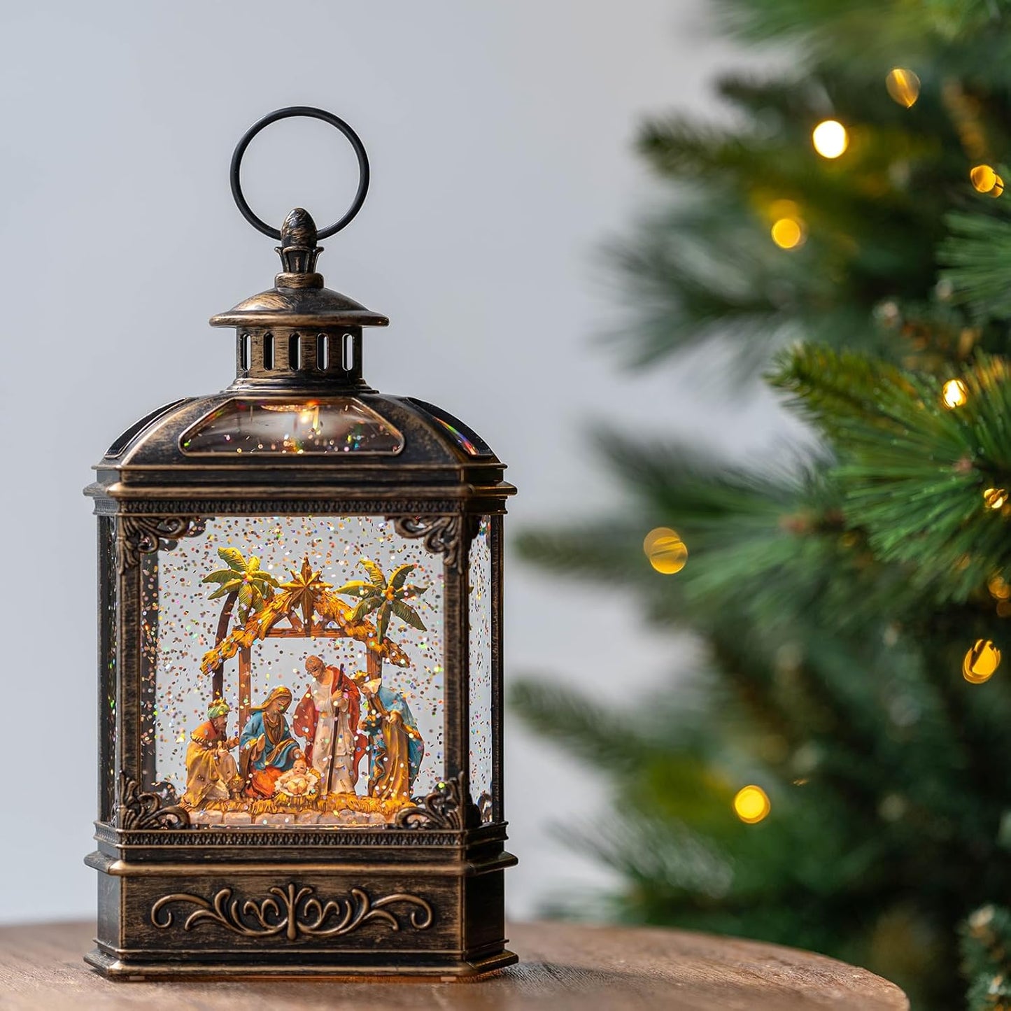 Christmas Snow Globe Swirling Glittering Nativity Scene with Music, USB Lined/Battery Operated Lighted Water Lantern for Christmas Festival Decoration Gifts