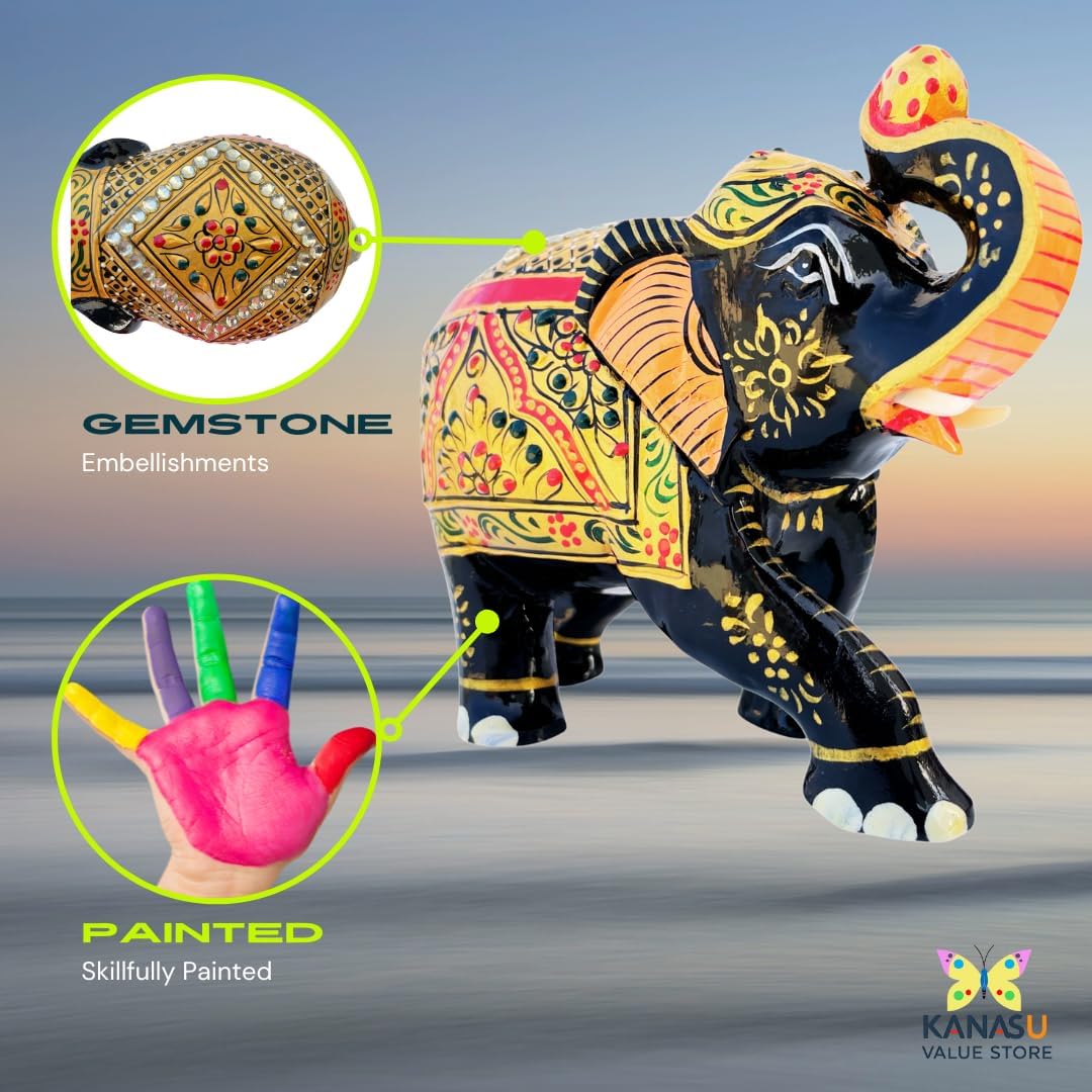 Handcrafted Wooden Elephant Figurine β Traditional Artwork, Gold & Gemstone Embellishments β Lucky Decorative Elephant Statue for Prosperity | Beautiful Elefantes Decorativos para Sala (Black & Gold)