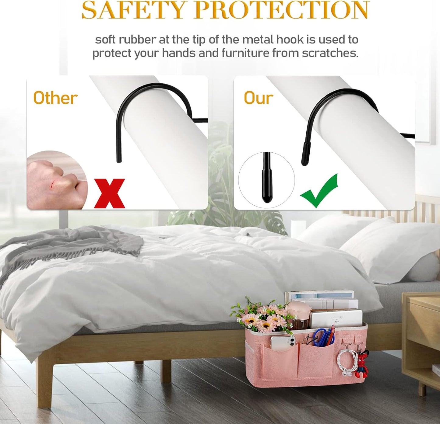 Bedside Storage Caddy/Bedside Hanging Storage Bag for Headboards Bunk Beds Dorm Rooms Book Phone Magazine Holder (2PC Light Pink)