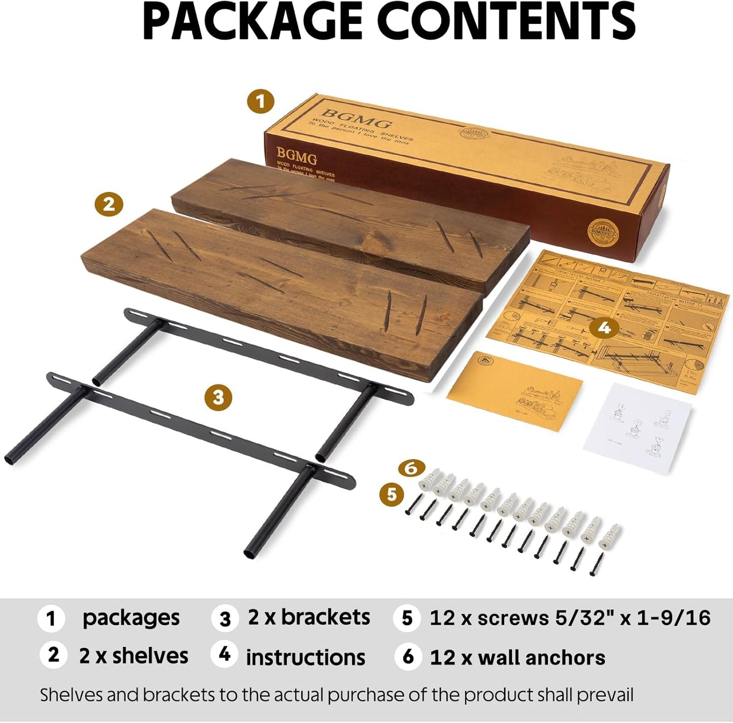 BGMG Floating Shelves 24 inch Long, Distressed,Wide Rustic Wooden Wall Shelves for Bathroom Living Room Bedroom Kitchen Farmhouse Set of 2-24x6.7x1.25 inch-Distressed Walnut