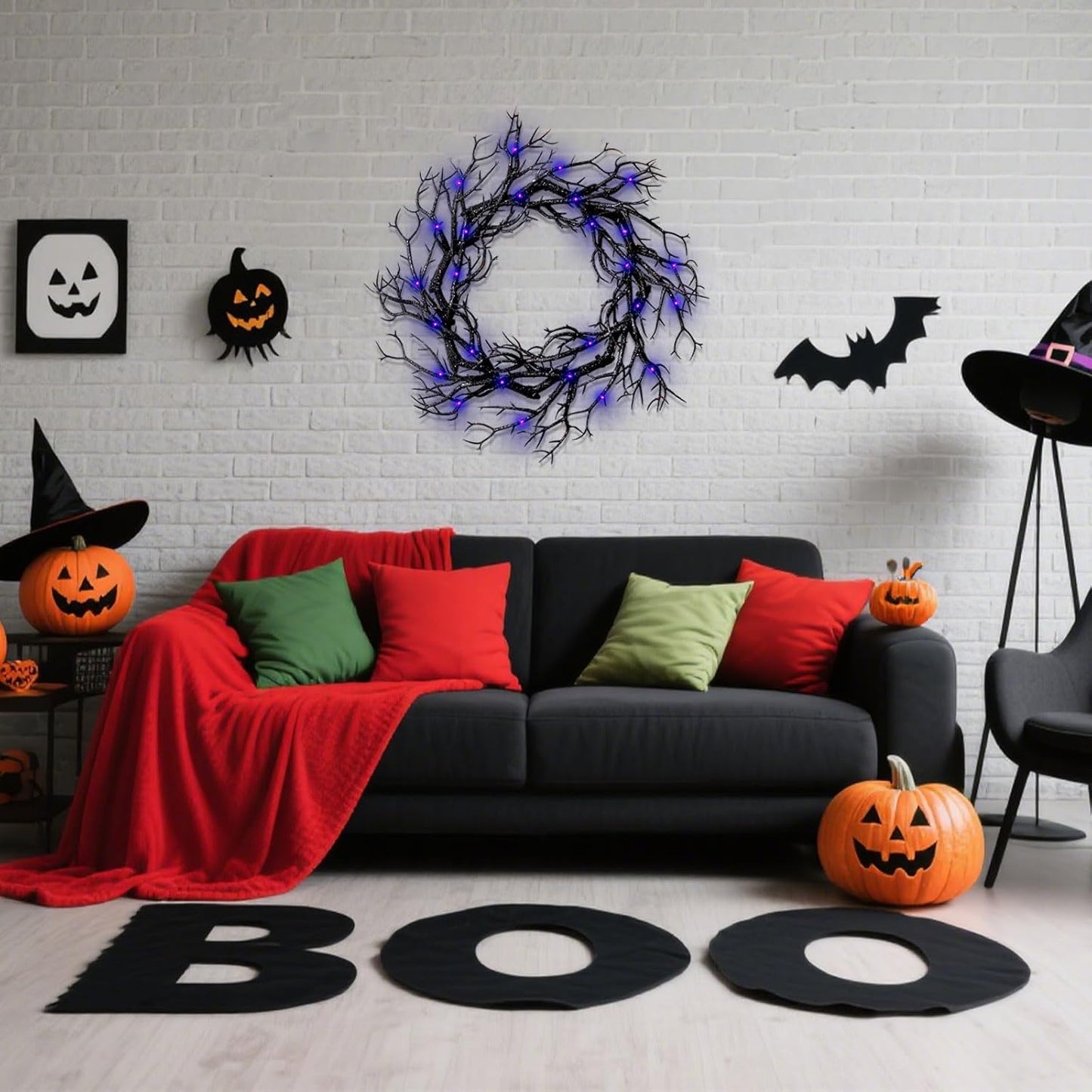 Halloween Black Branch Wreath, 20 Inch Glitter Black Twig Halloween Wreaths with Purple Lights for Front Door Indoor Outdoor Party Window Wall Decor Farmhouse Garland Yard