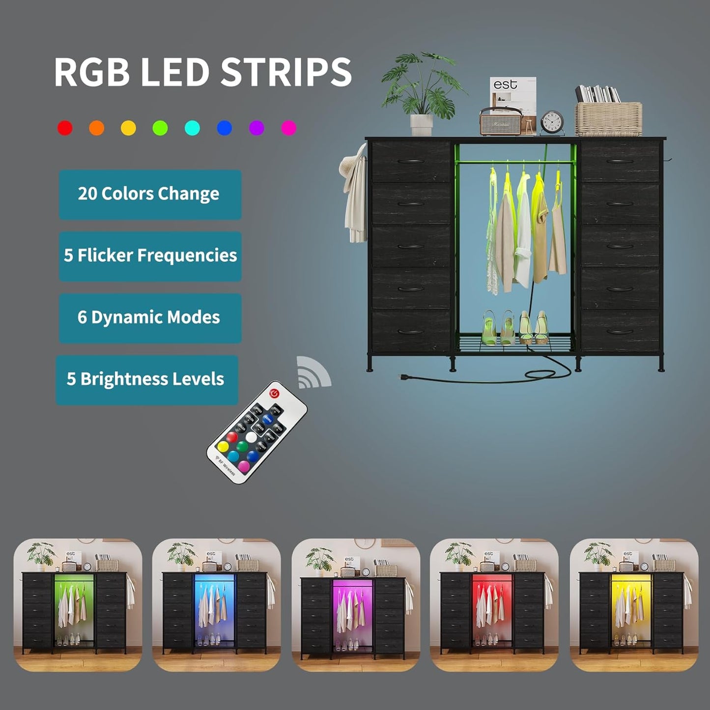 LUMTOK 55" W 2-in-1 Dresser with Hanging Rack, 10 Drawers Dresser for Bedroom,Dressers with Fabric Drawers,LED Lights, Charging Station and Hanging Racks for Bedroom