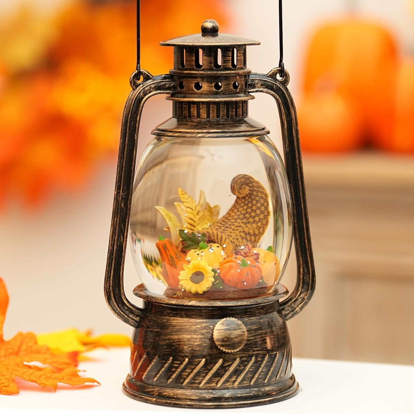 Fall Decorations for Home - Vintage Fall Snow Globe Lantern with 6H Timer,Pumpkin Sunflowers Scene Snow Globes USB or Battery Powered,Fall Decor for Fall Harvest Thanksgiving Autumn