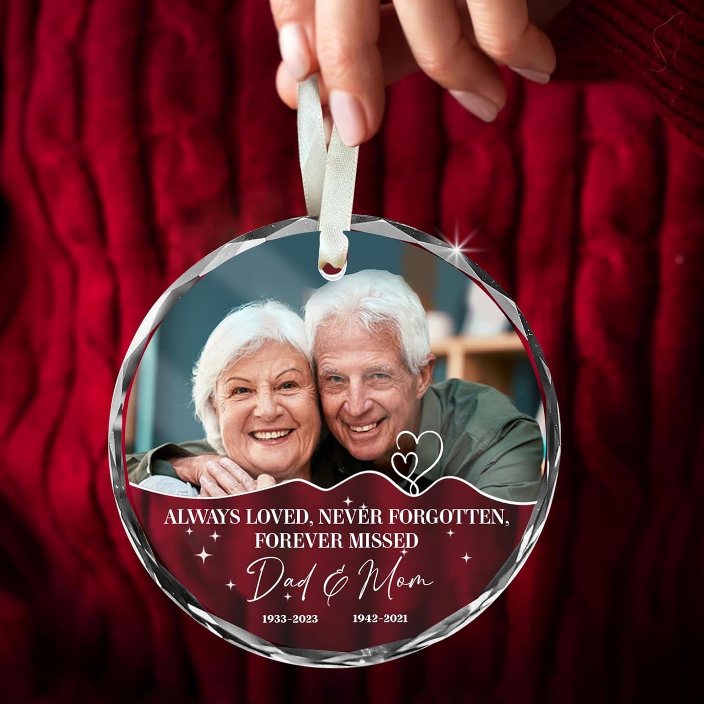 Personalized Memorial Ornament for Dad & Mom – Custom Photo Suncatcher with Names & Dates – Always Loved Never Forgotten – Loss of Parents Christmas Ornament – Remembrance Gift for Family