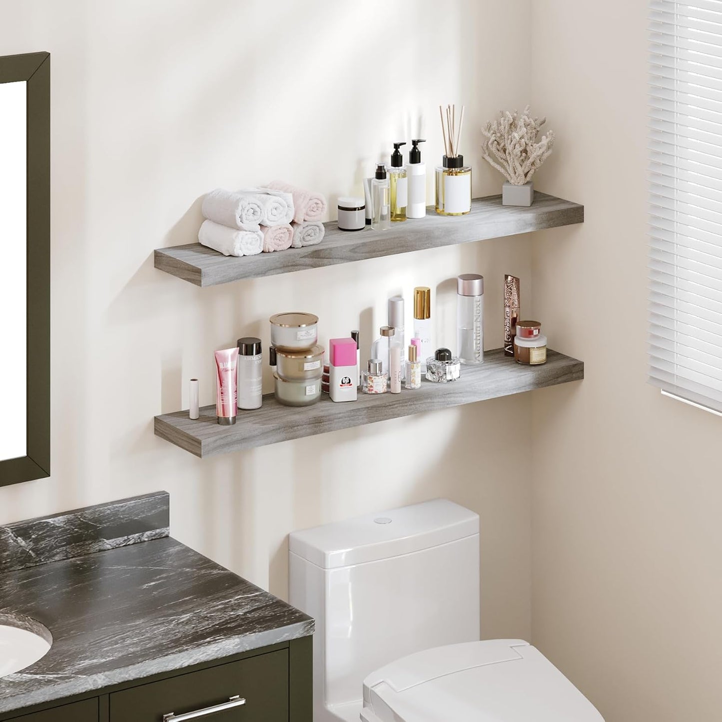 BAMEOS Floating Shelves,40 in W x 8in D Wall Mounted Wooden Shelves with Invisible Brackets Set of 2, Hanging Wall Shelves Decoration for Bedroom, Bathroom, Living Room and Kitchen