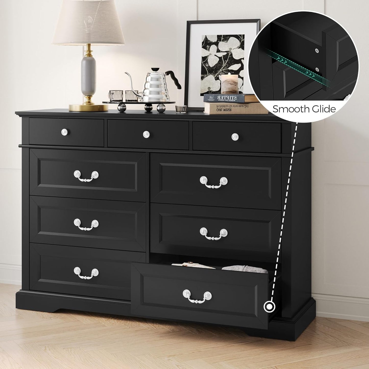 LINSY HOME 9 Drawers Dresser for Bedroom, Wood Modern Farmhouse Drawer Chest, Tall Black Dresser for Closet, Large Dressers with Storage Organizer for Living Room, Closet, Hallway