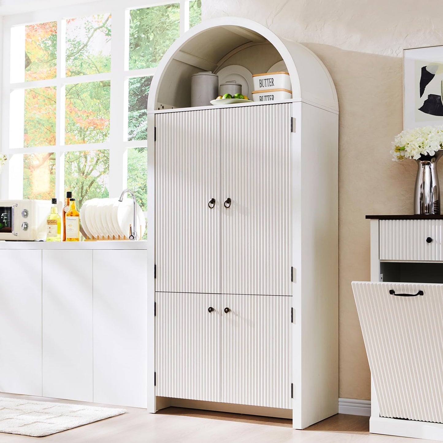 71" Tall Arched Bathroom Storage Cabinet, Modern Fluted Storage Cabinet w/Doors, 3 Adjustable Shelves, 6 Door Shelves, Wood Freestanding Cabinet for Bathroom, Entryway, Hallway, Antique White