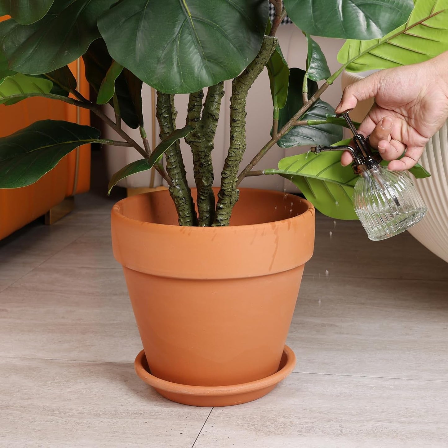 INGOFIN 12 Inch Terracotta Pot with Saucer - Ceramic Clay Pot for Plants with Drainage Hole, Large Terra Cotta Flower Planter with Tray for Indoor Outdoor Plants