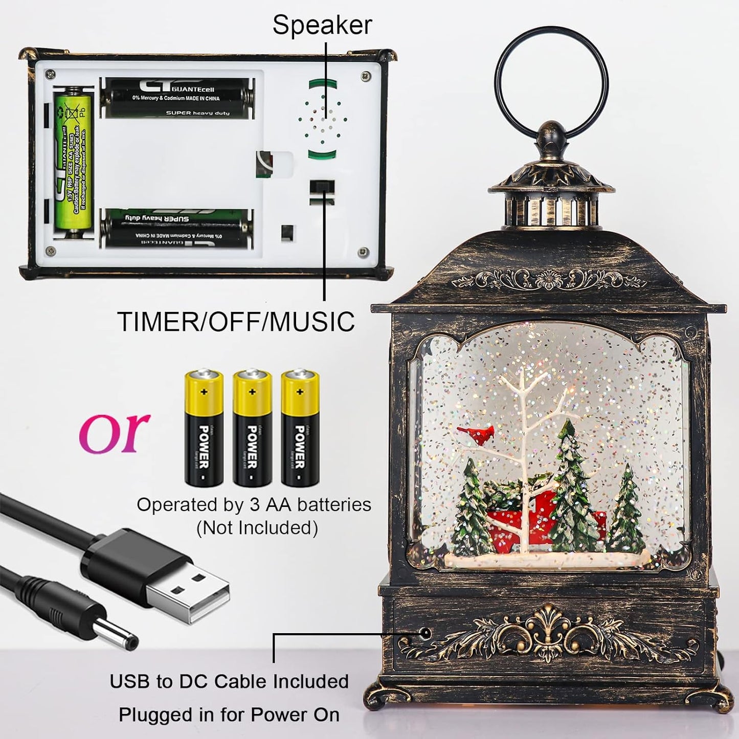 GenSwin Christmas Car Snow Globe Lantern Battery Operated Water Swirling Glitter with 6H Timer, Musical LED Lighted Scene for Christmas Home Decoration Gift