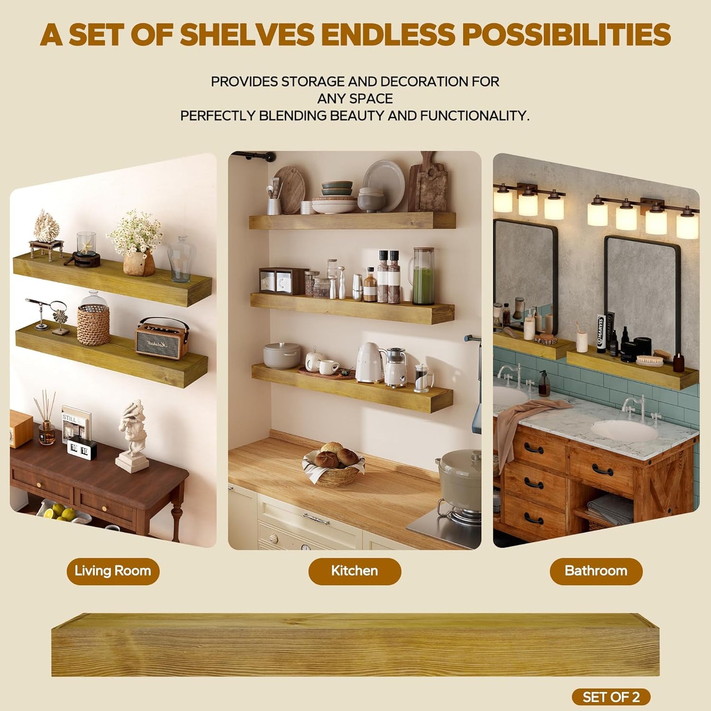 Floating Shelves 3 inch Thick for Wall Set of 2,Solid Pine Wood Wall Mount Shelf for Kitchen Living Room Bedroom Bathroom,8" D x 48" L x 3" H-Gold Oak