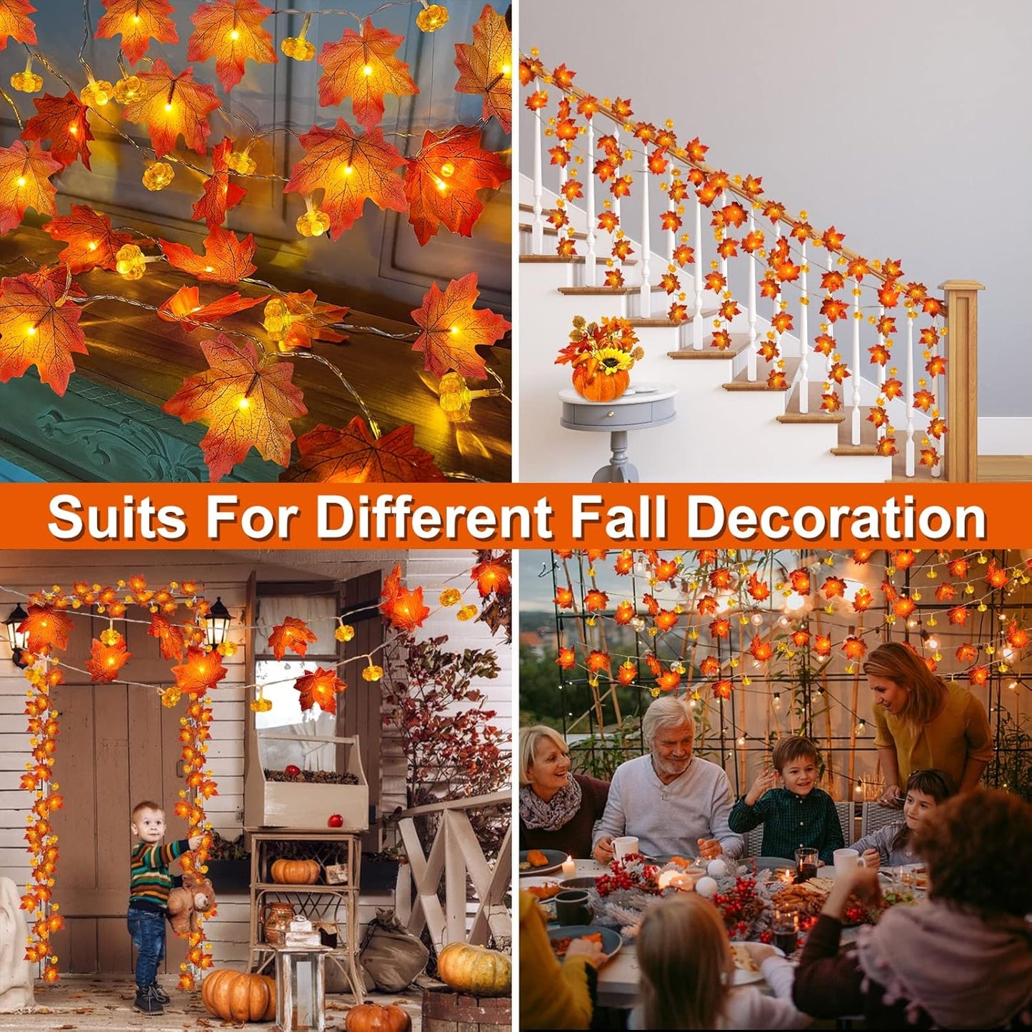 2 Pack & Timer - Fall Garland with Pumpkin Lights Halloween Fall Decor for Home 60LED 20Ft Enlarged Maples Leaves Halloween Garland Lights Indoor Battery Operated Thanksgiving Decor Wedding Christmas