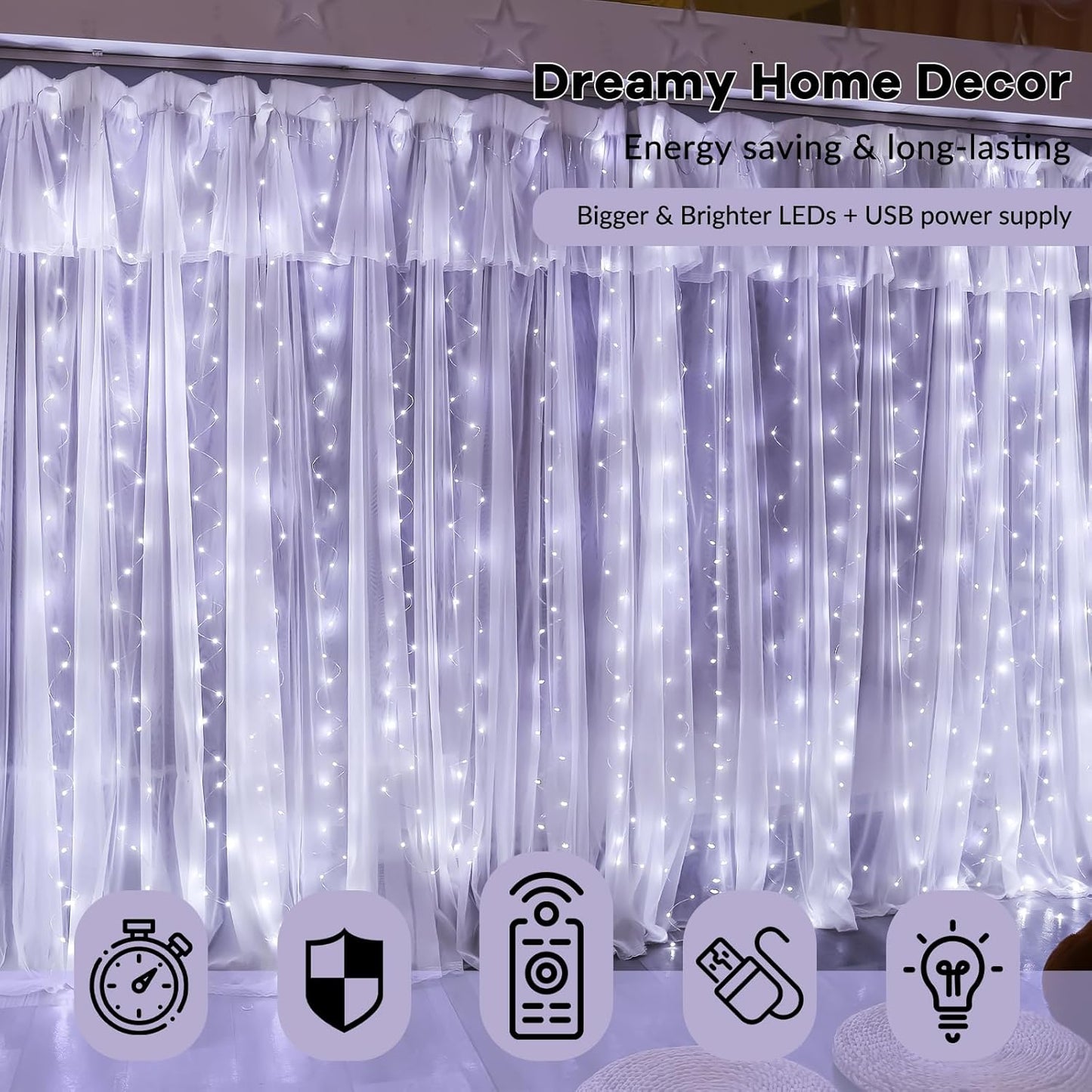 HXWEIYE 300LED Fairy Curtain Light (Upgrade Two Kinds of Light Clips) with Remote 8 Modes Times,9.8x9.8Ft White USB Plug-in Christmas Hanging String Light for Bedroom, Parties, Walls, Windows