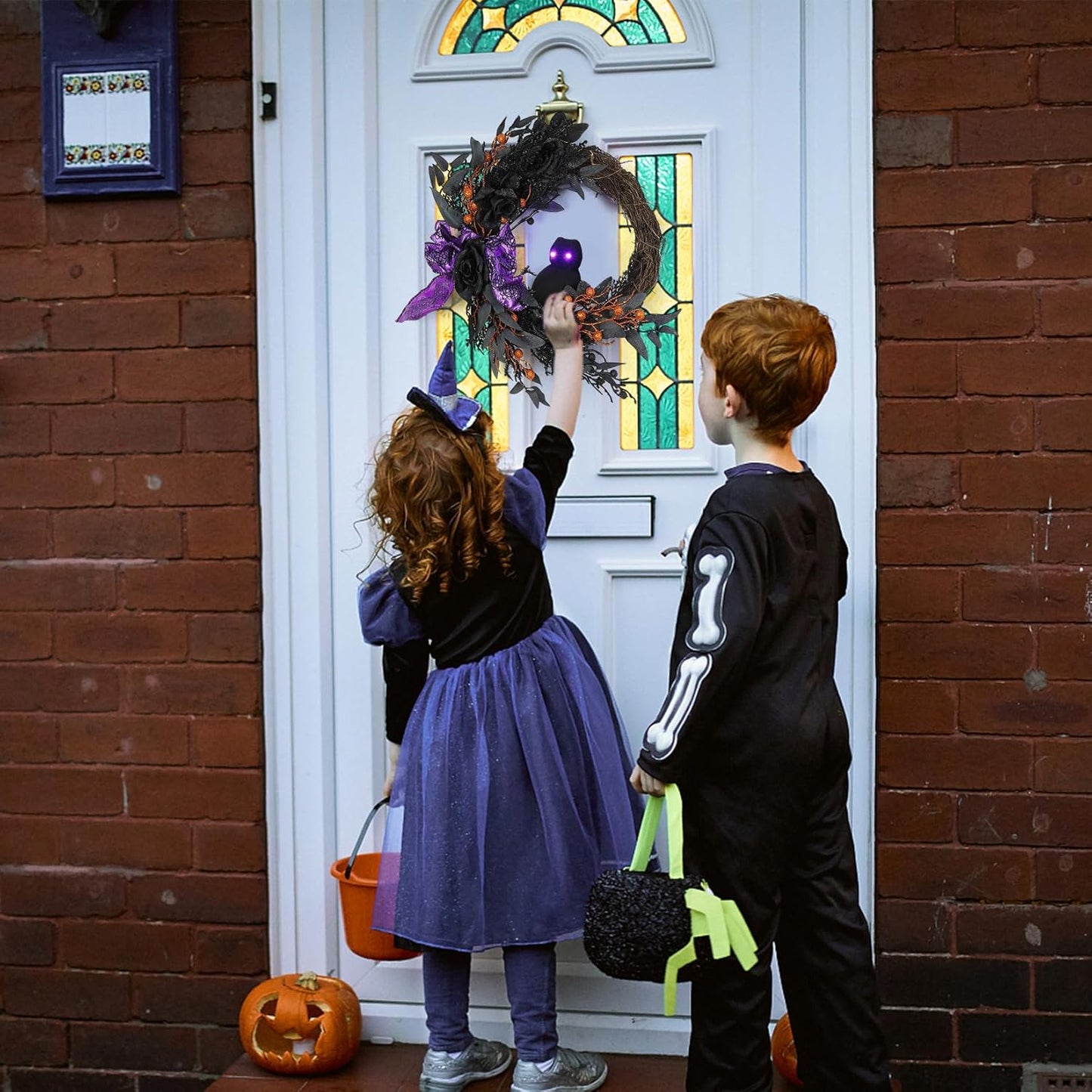 22 Inch Halloween Wreath with Lighted Eyes, Black Prelit Wreath with Artificial Roses, Willow Leaves, Ribbon for Indoor/Outdoor Home Decor