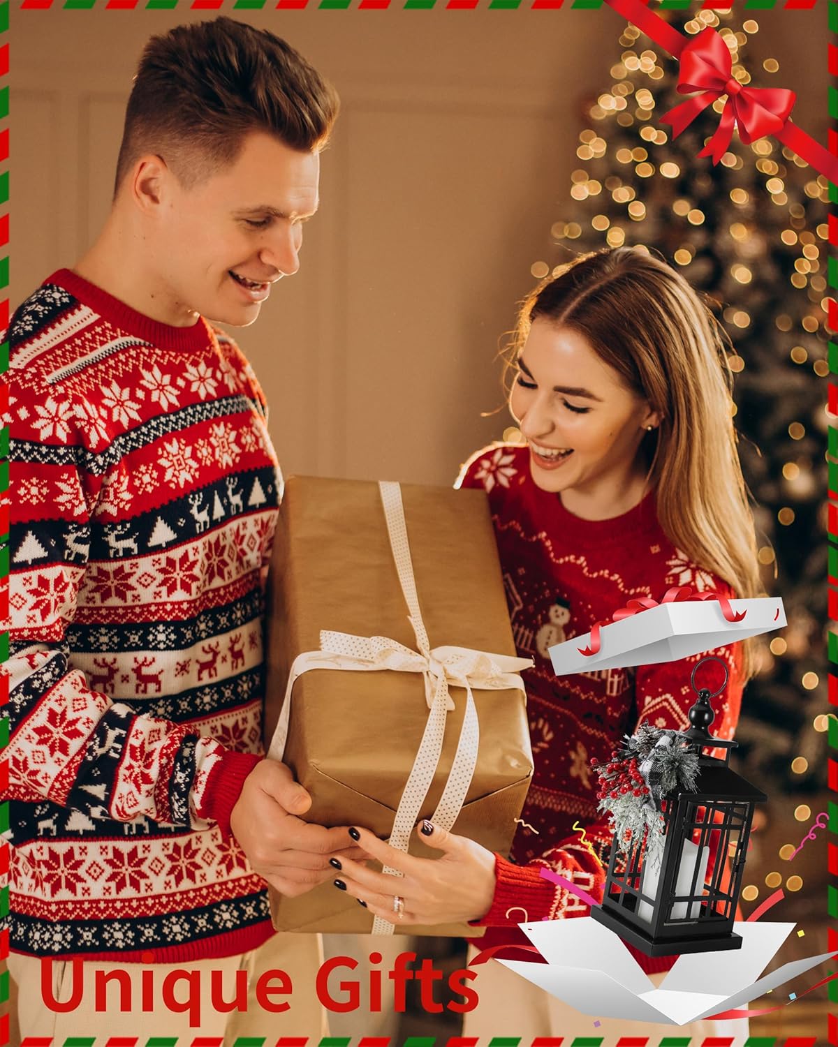 iStatue Metal Black Christmas Lantern with Flameless Candle, 14'' Modern Farmhouse Decor Festive Holiday Rustic Home Gifts for Indoor / Outdoor (Xmas)