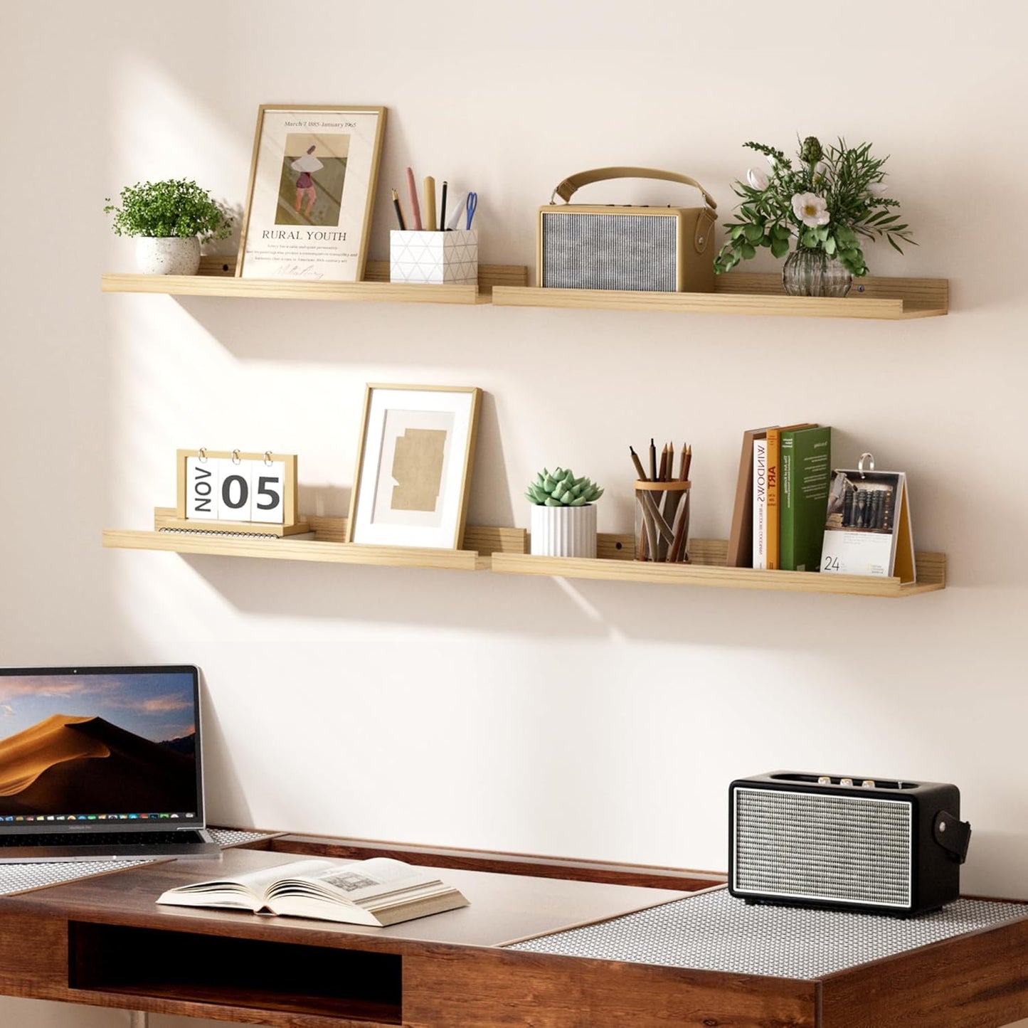 upsimples Floating Shelves for Wall, Wood Mounted Shelf Decor Storage Set of 6, for Bedroom, Living Room, Bathroom, Kitchen, 23.6 inch Long Picture Ledge, Natural