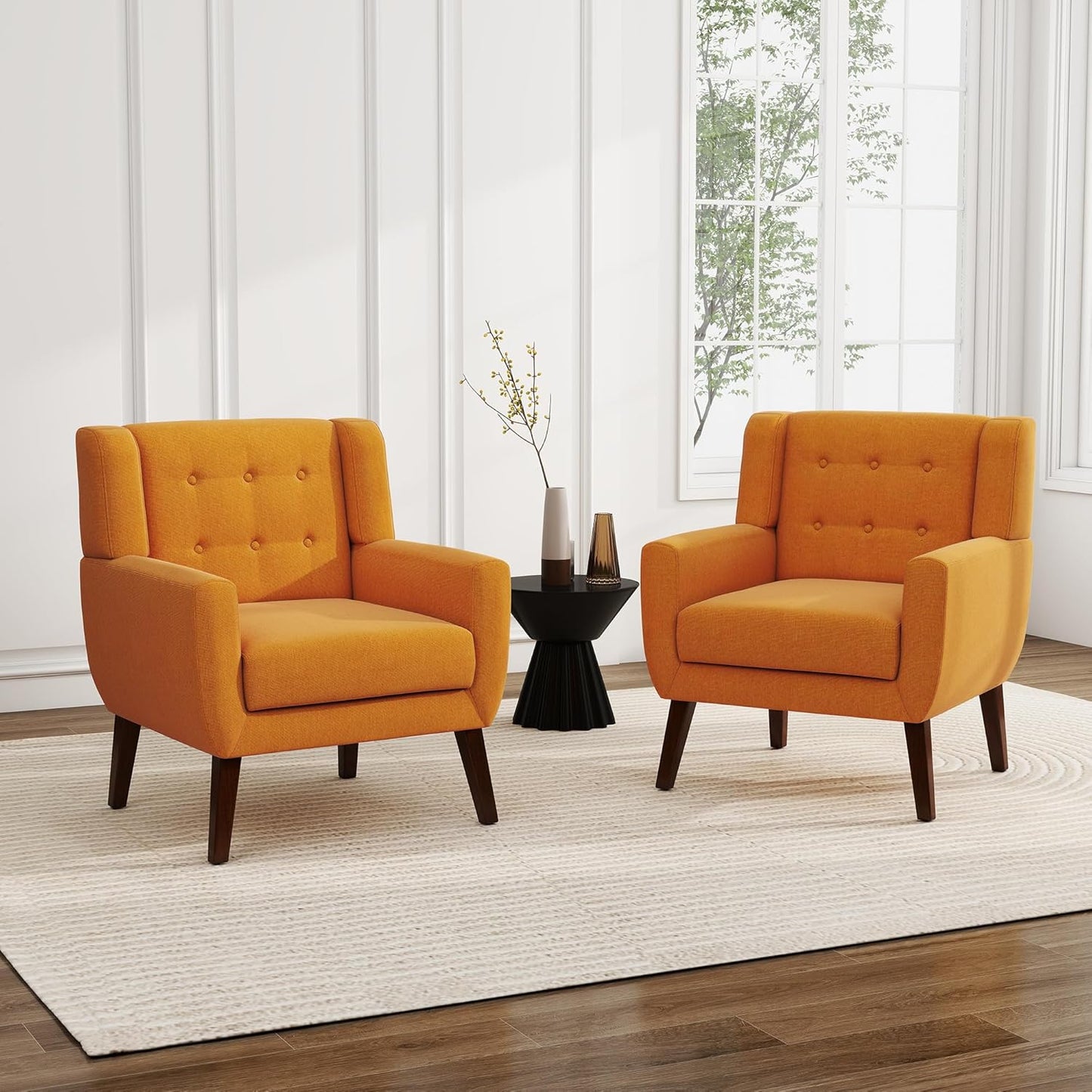 UIXE Accent Chair, Modern Upholstered Armchair in Fabric for Living Room, Comfy Club Arm Chairs Single Sofa Button Tufted Bedroom Reading Seat - Orange, Set of 4