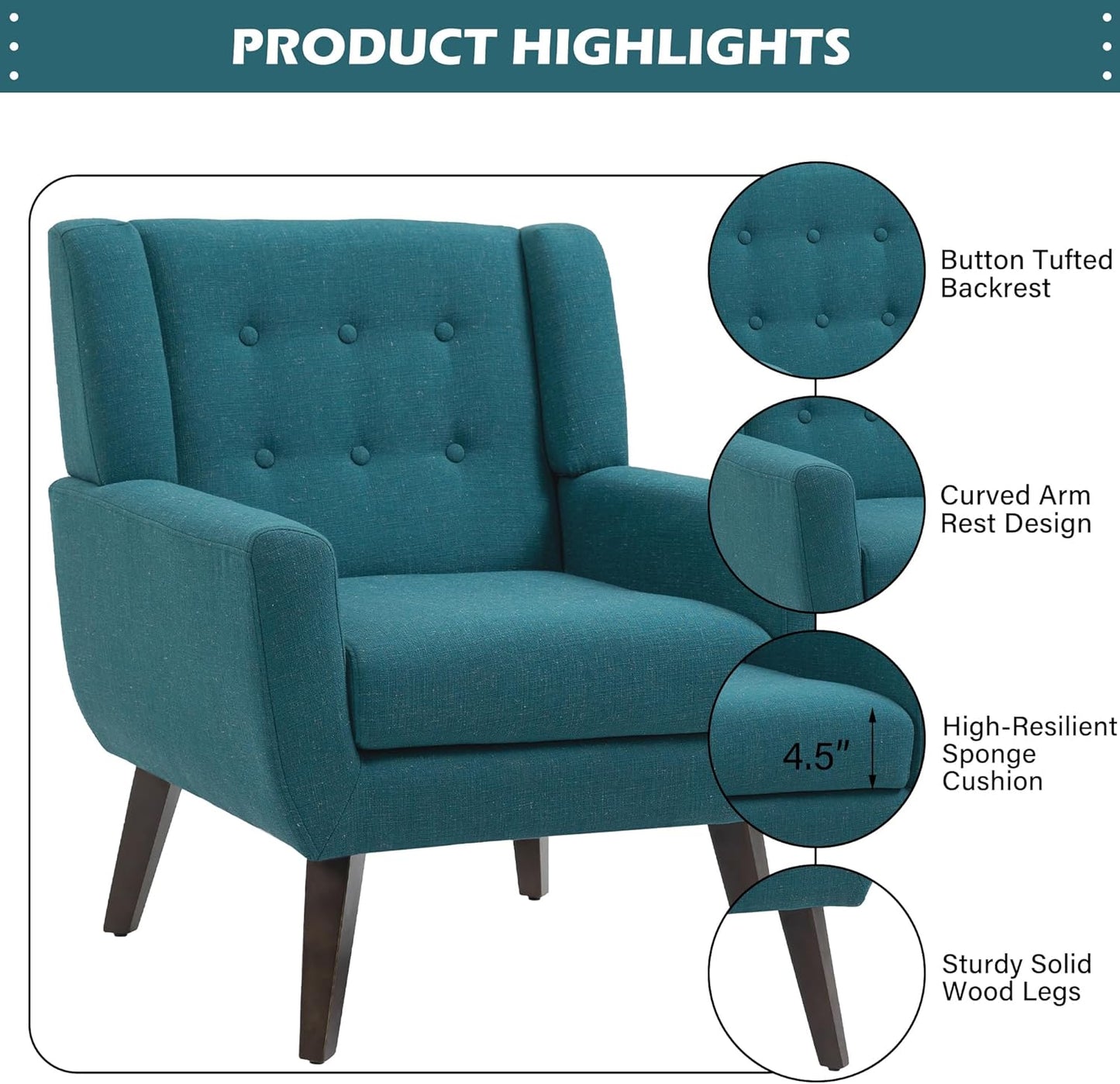 UIXE Accent Chair, Modern Upholstered Armchair in Fabric for Living Room, Comfy Club Arm Chairs Single Sofa Button Tufted Bedroom Reading Seat - Turquoise Blue, Set of 2