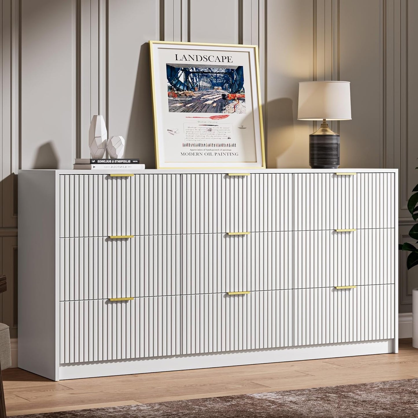 White Dresser for Bedroom, 9 Drawer Double Dresser, Modern Chest of Drawers for Bedroom, Living Room, Entryway and Closet, 63" L x 15.7" D x 31.5" H