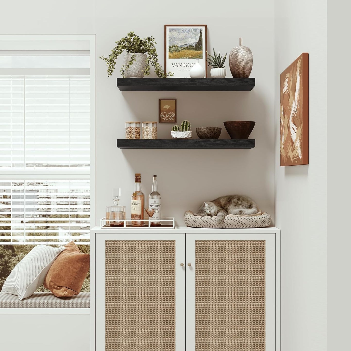 Black Floating Shelves for Wall Mounted, 24 inchs x 9.1” Deep x 1.5” Thick Wall Shelves for Bedroom, Living Room, Bathroom,Kitchen, Office, Home Decor Shelf with Invisible Bracket - Set of 2