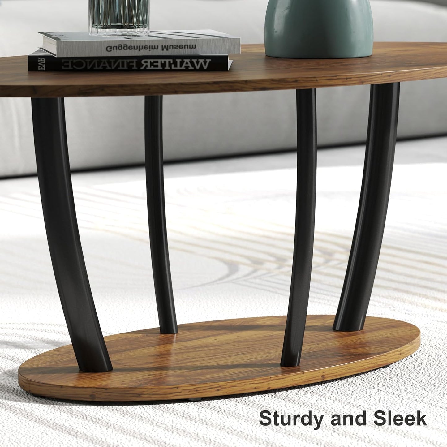 Manora Small Oval Coffee Table with Storage, Farmhouse Industrial Center Table for Living Room, Vintage Tea Table for Small Spaces, Rustic Brown