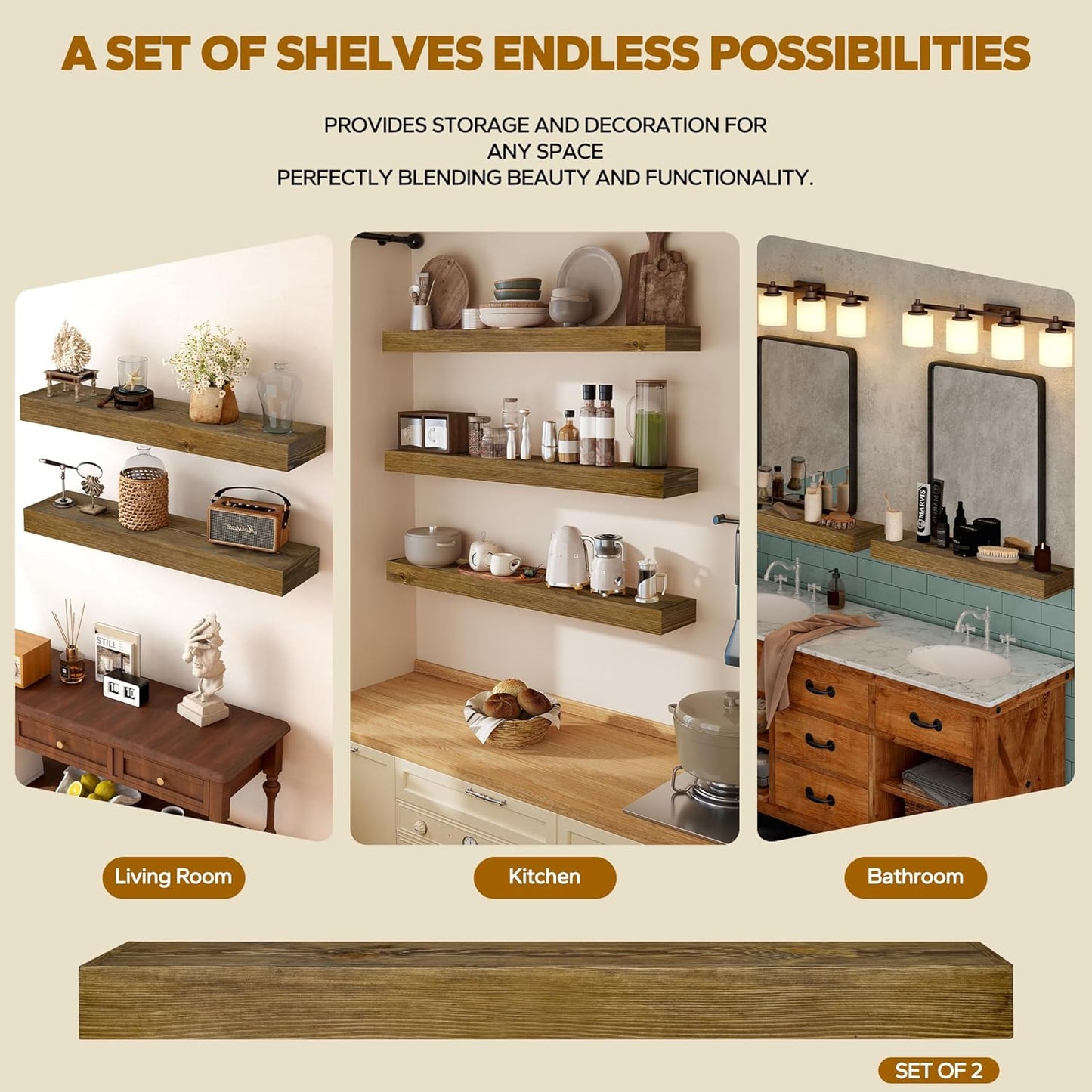 Floating Shelves 3 inch Thick for Wall Set of 2,Solid Pine Wood Wall Mount Shelf for Kitchen Living Room Bedroom Bathroom,8" D x 48" L x 3" H-Black Walnut