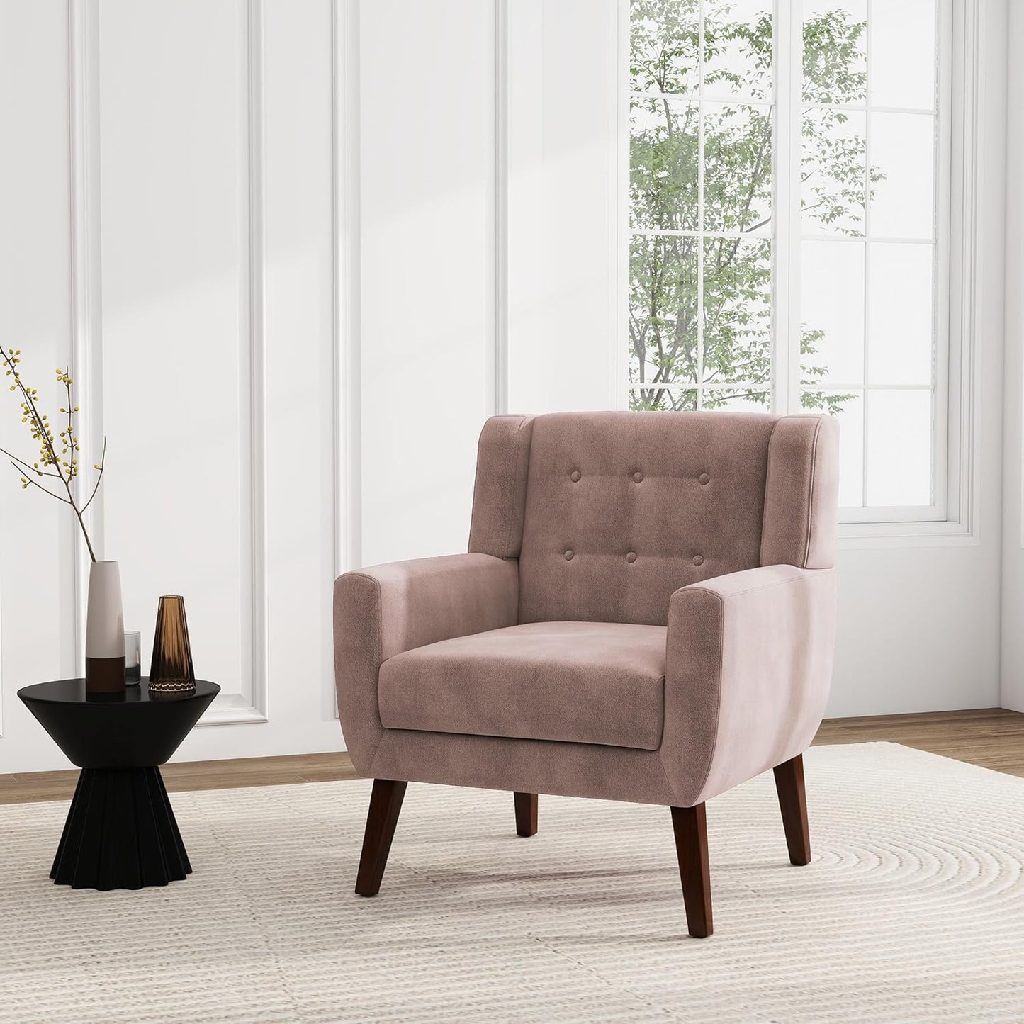 UIXE Accent Chair, Velvet Upholstered Armchair for Living Room, Modern Club Arm Chairs Comfy Single Sofa Button Tufted Bedroom Reading Seat - Skin Pink, Set of 4