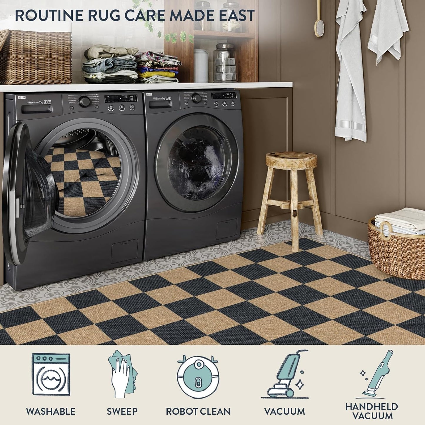 Lahome Checkered Easy Jute Rug, 9x12 Area Rug for Living Room Indoor Outdoor Carpet, Farmhouse Neutral Non Slip Non Shedding Stain Resistance Floor Carpet for Patio Dining Room Backyard