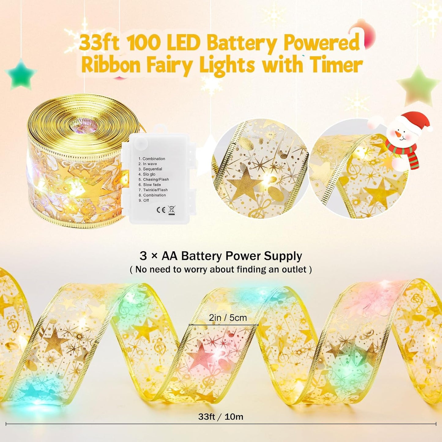 2 Pack Christmas Tree String Lights - 33ft 100 LED Battery Powered Fairy Lights with Timer and 8 Lighting Modes, Gold Ribbon Bows Lights for 6ft - 8ft Christmas Tree Decor, Multi-color