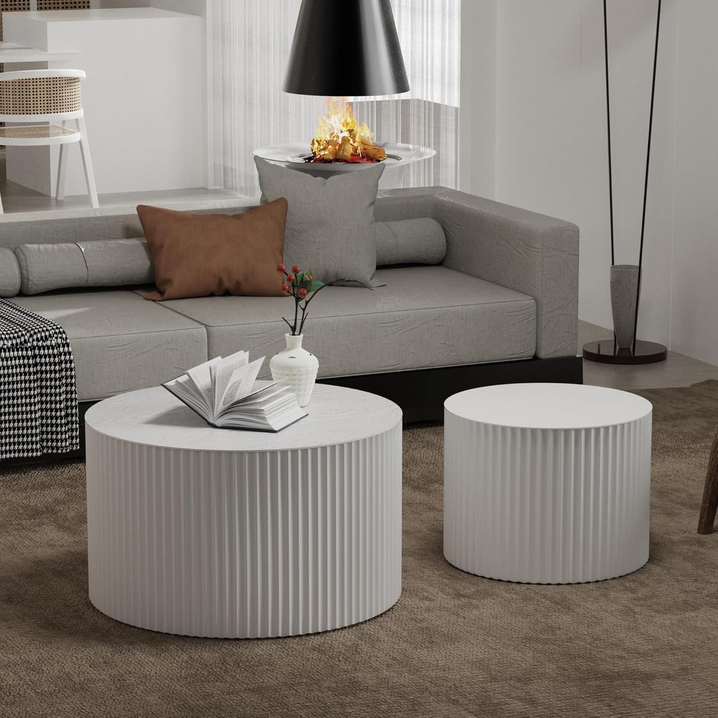 Round Nesting Coffee Table White Round Fluted Coffee Table Set of 2 for Living Room Small Circle Drum Nested Coffee Tables (White B 27in)