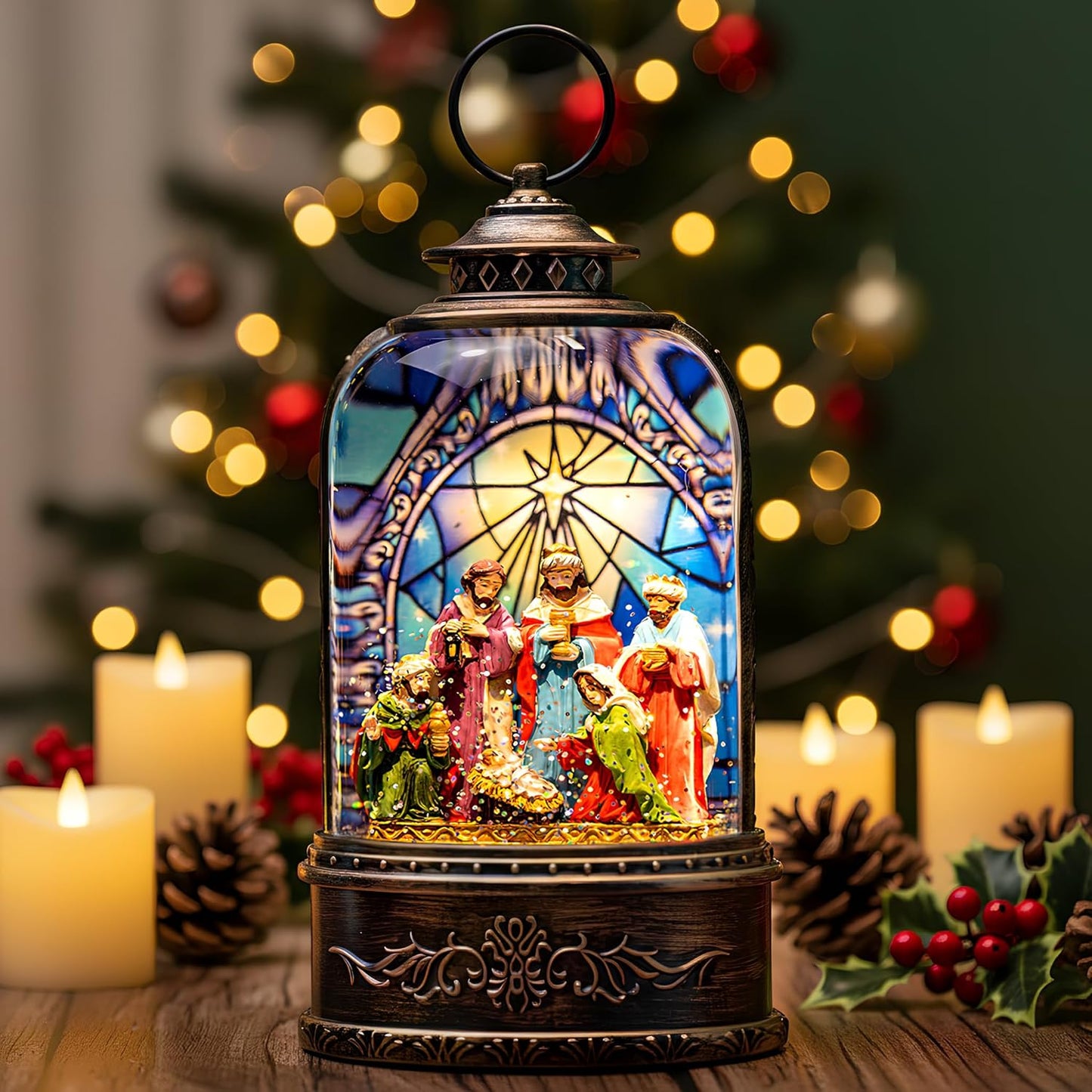 Christmas Snow Globe Swirling Glittering Nativity Scene with Music, USB Lined/Battery Operated Lighted Water Lantern for Christmas Festival Decoration Gifts