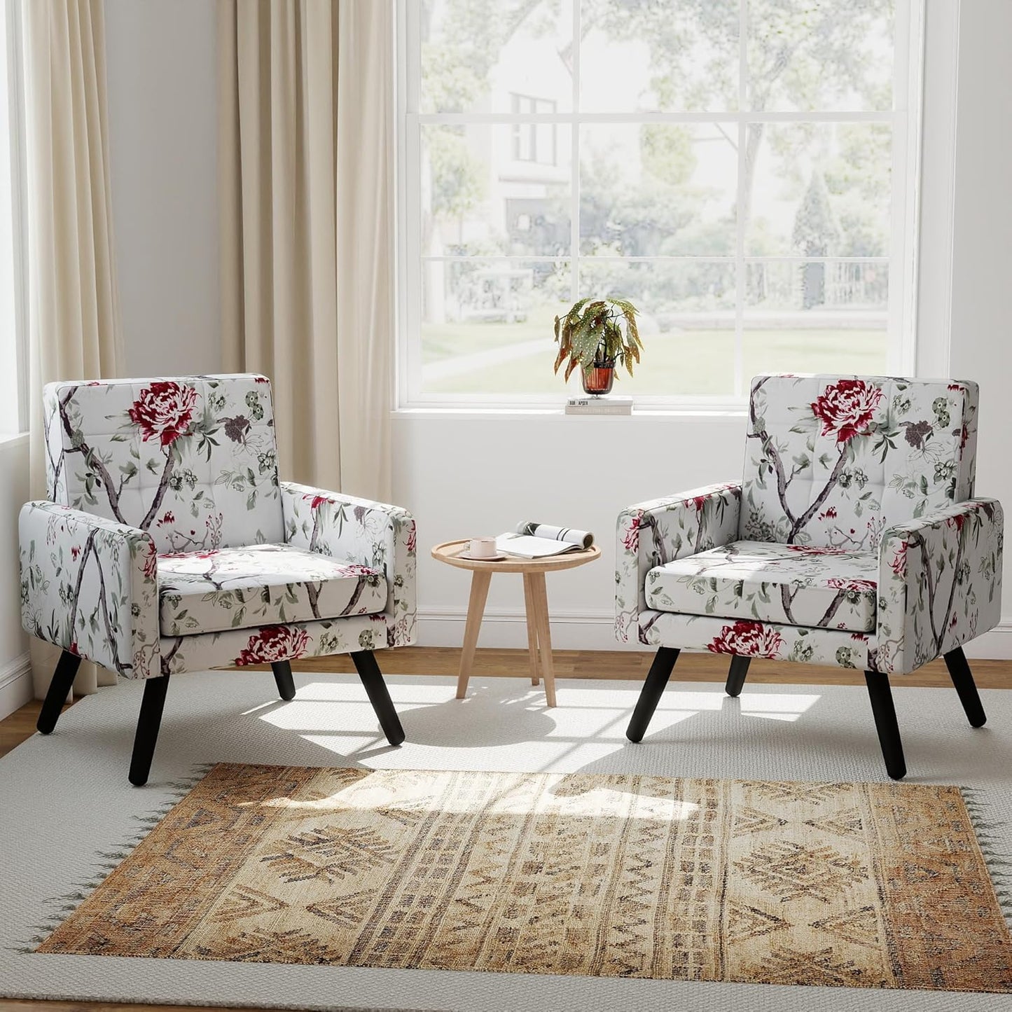 Kromax Mid-Century Modern Accent Chair Set of 2 for Living Room, 496 Lb. Weight Capacity, Dual Armrests, Comfy Extra Large Seat, Timeless Style Perfect for Reading & Relaxing, Red Floral